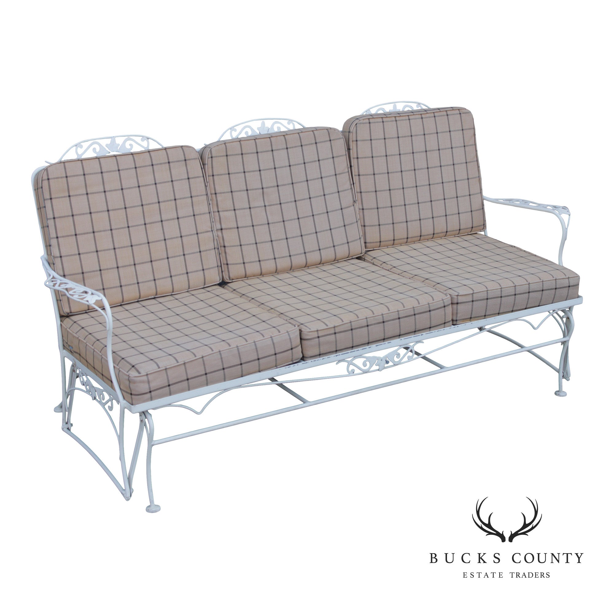 Lyon-Shaw Vintage Outdoor Patio Sofa With Scroll Iron Frame And Cushions