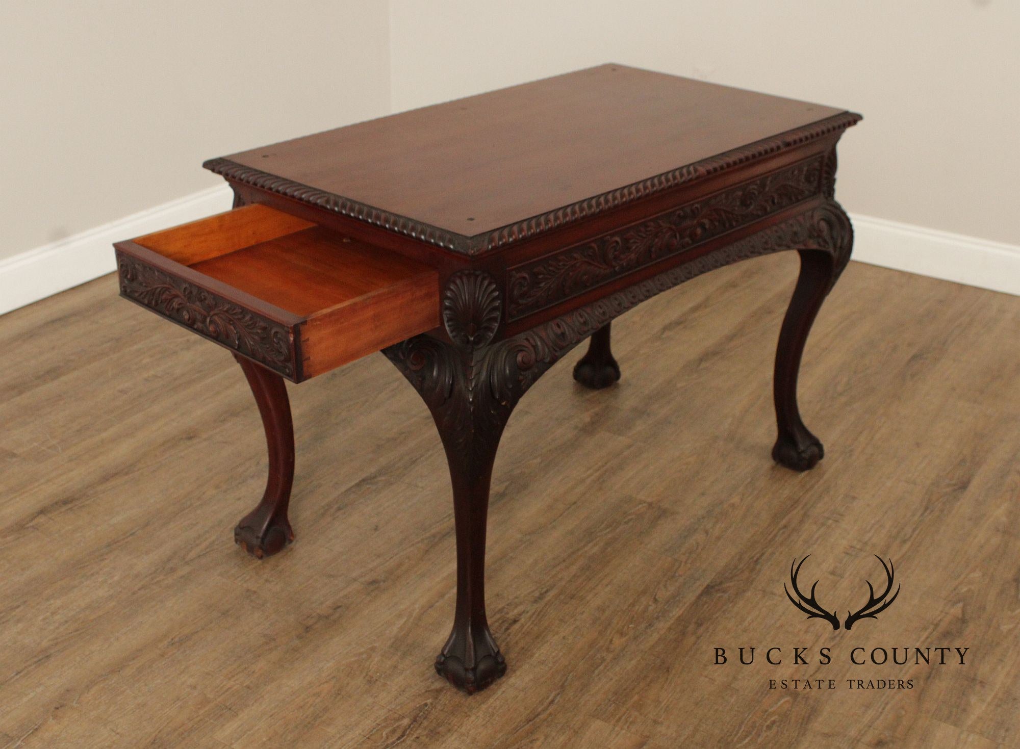 Georgian Style Antique Carved Mahogany Library Table Writing Desk