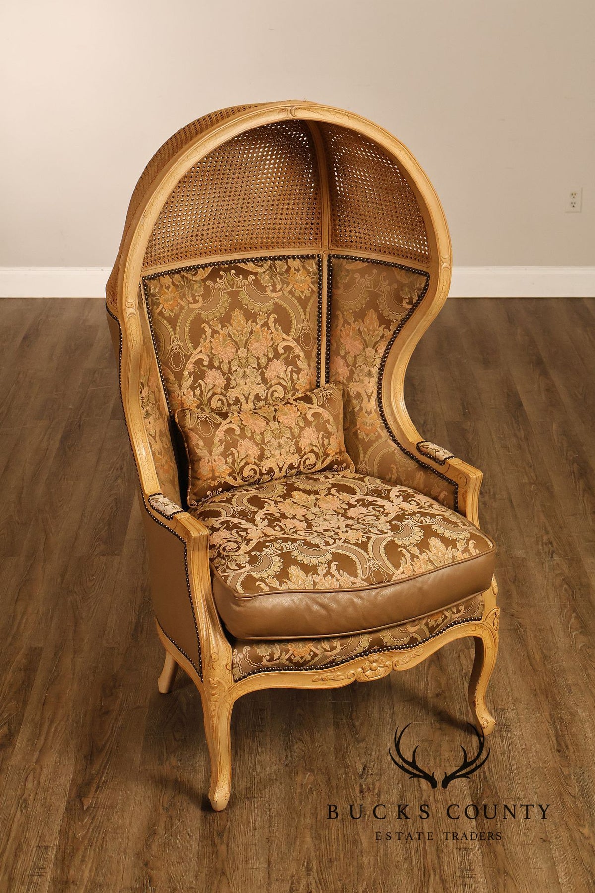 Old Hickory Tannery French Louis XV Style Pair Of Cane And Leather Hooded Porter Chairs
