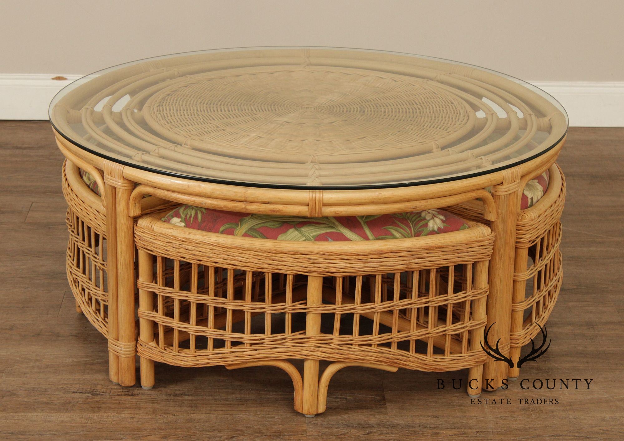 Braxton Culler Raffles Collection Round Rattan Coffee Table with Stools