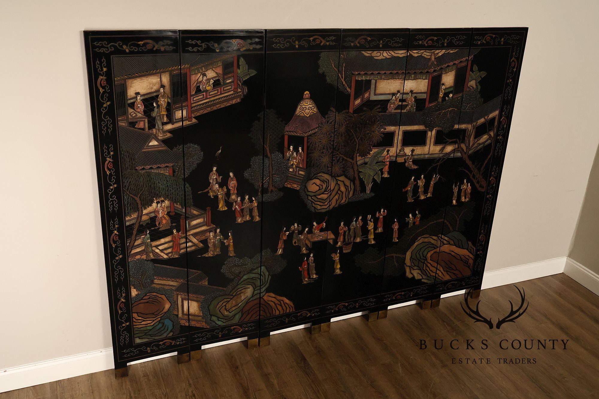 Asian Style Black Vintage Lacquer Six Panel Folding Screen