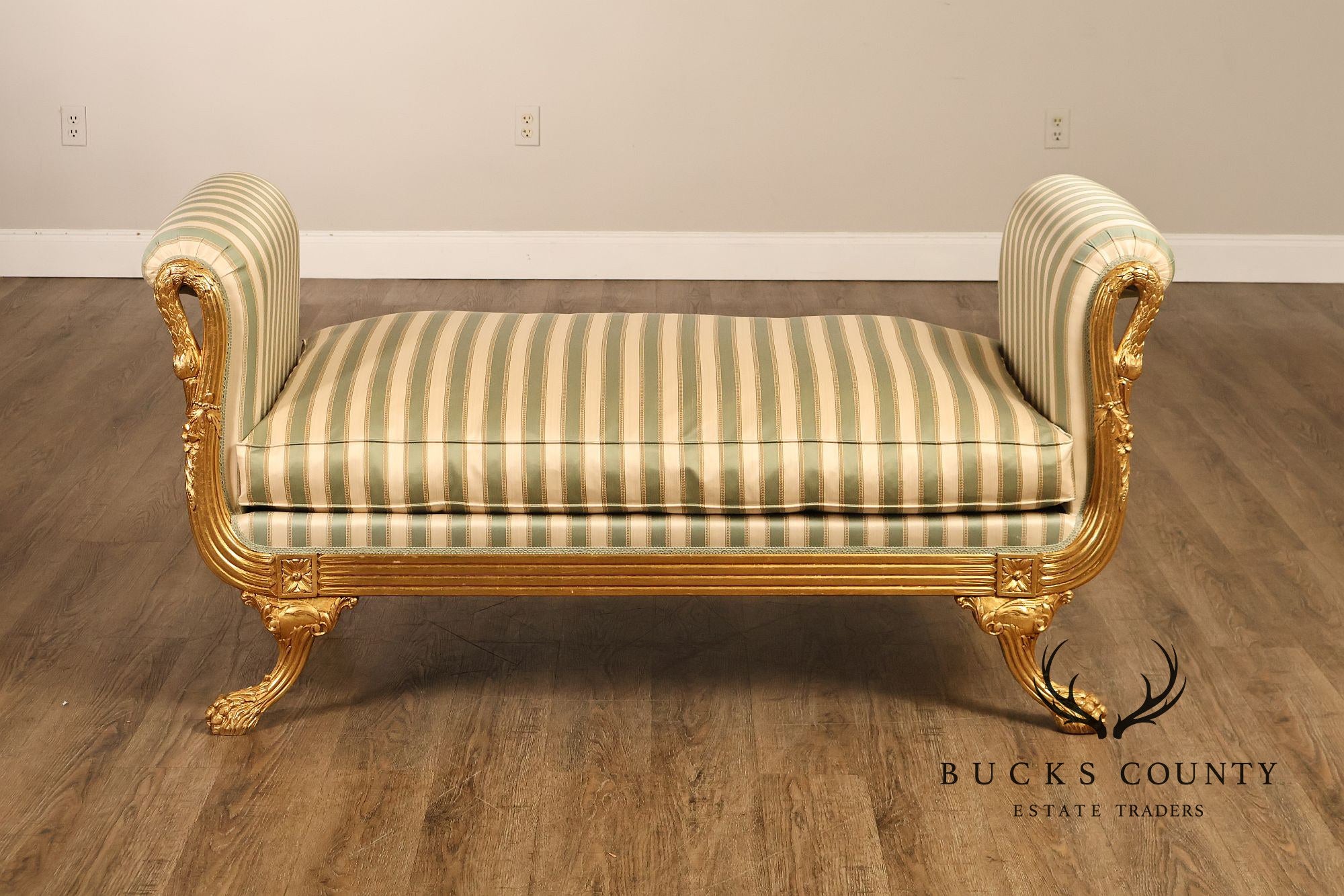 Quality Empire Style Swan Carved Giltwood Upholstered Bench