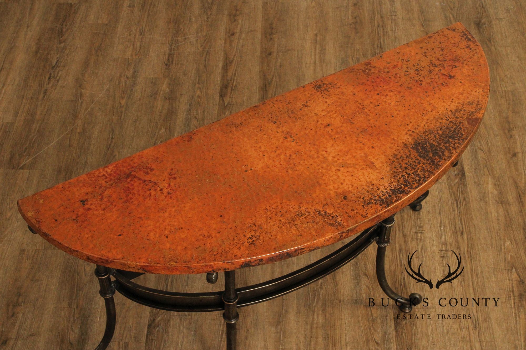 Hammered Copper and Iron Demilune Console Table