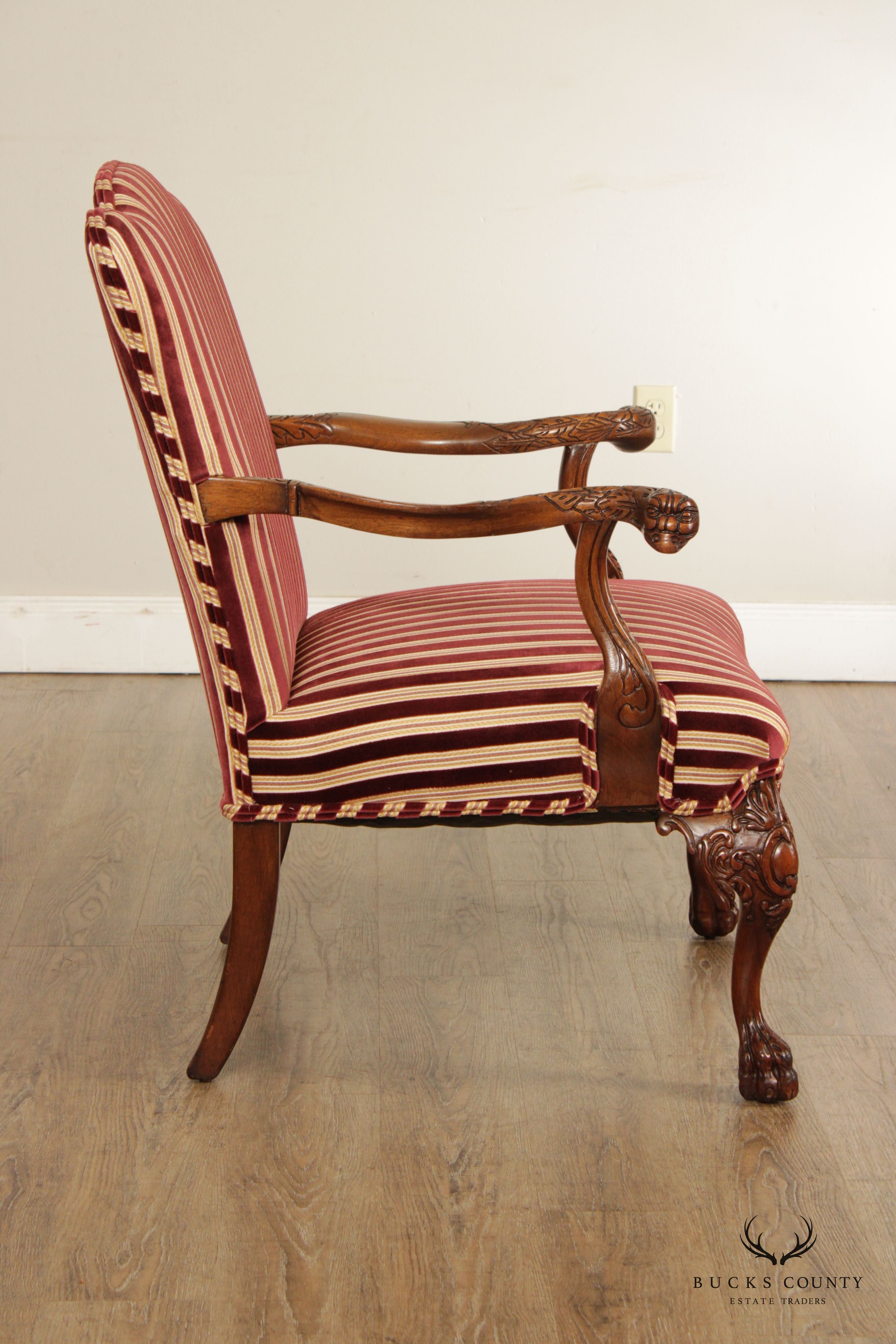 Georgian Style Carved Mahogany Paw Foot Fireplace Armchair