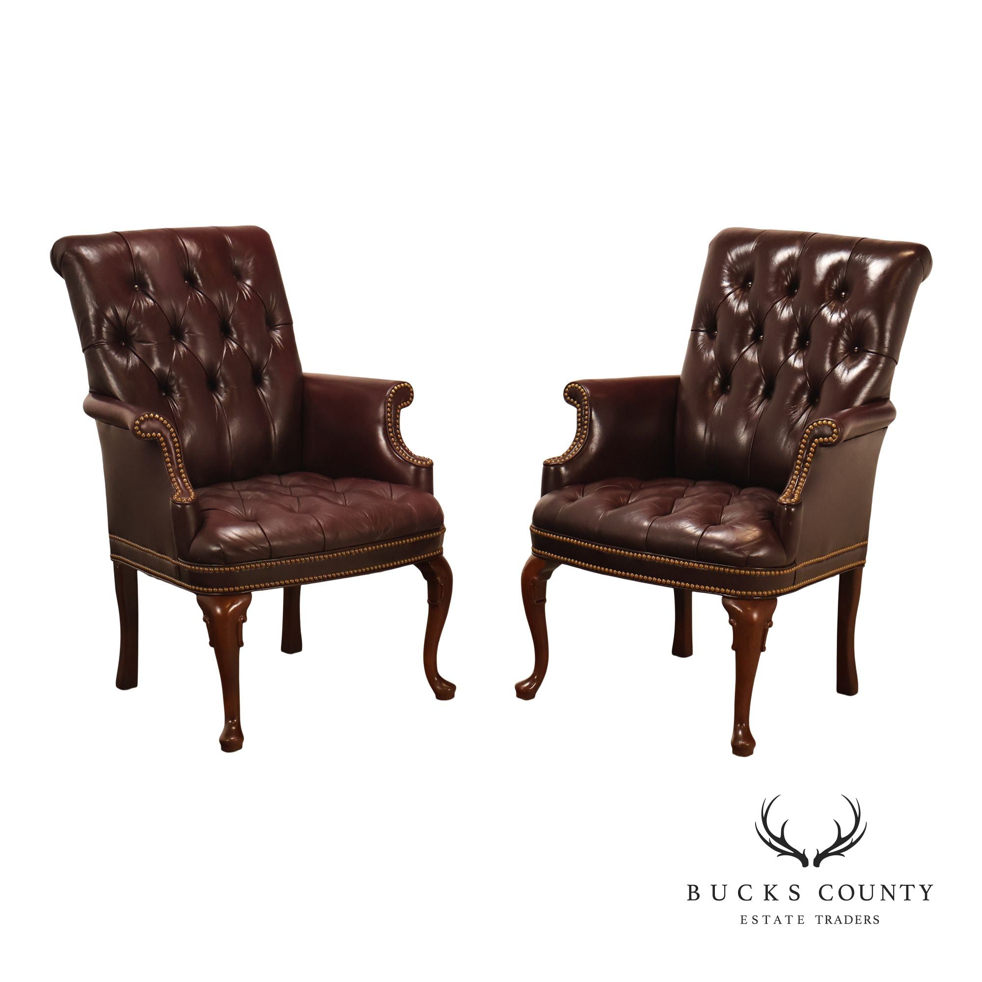 Hancock & Moore Pair of Tufted Leather and Mahogany Armchairs