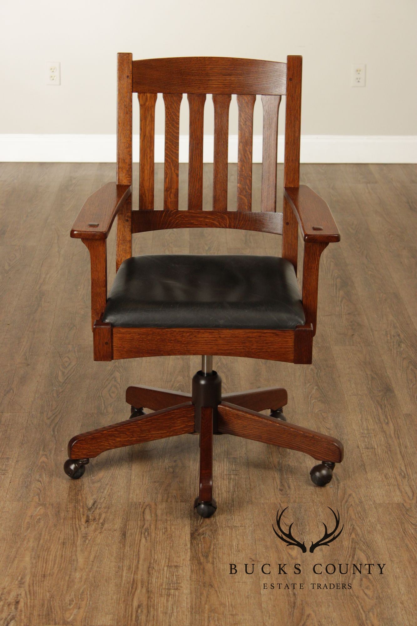 Stickley Mission Collection Oak Swivel Desk Chair With Black Leather Seat