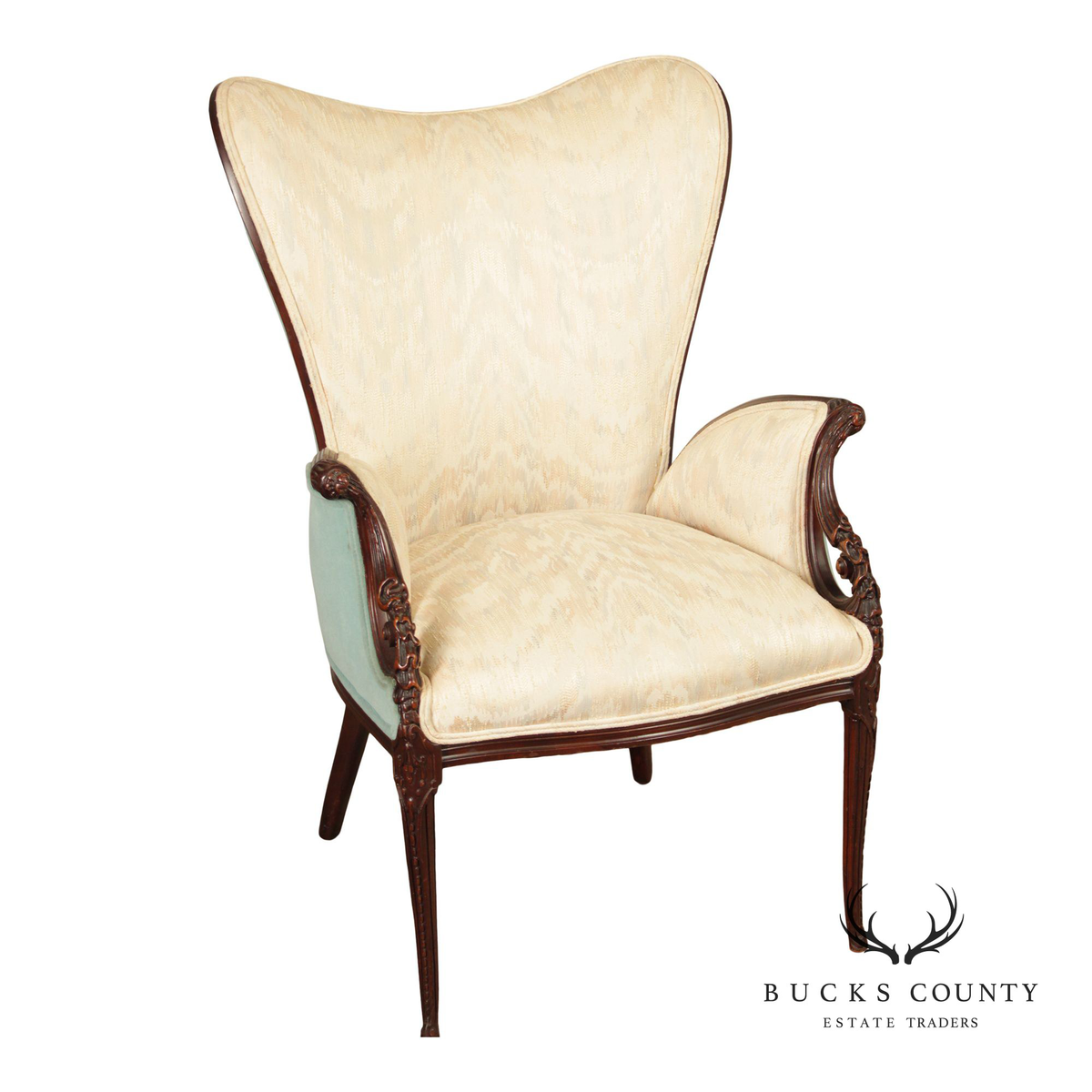 Vintage Mahogany Carved Fireside Armchair With Two-Tone Upholstery