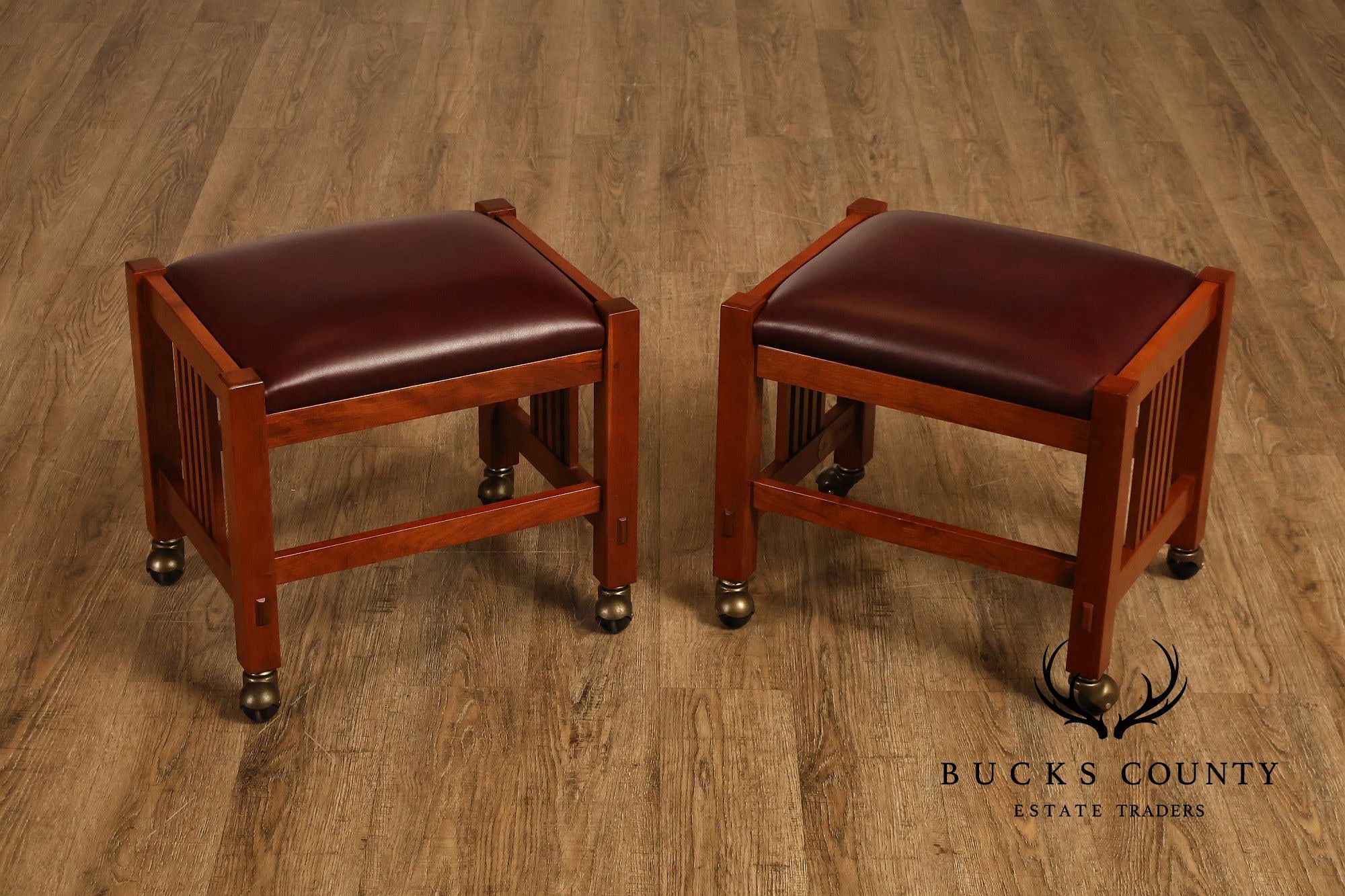 Stickley Mission Collection Pair Of Cherry And Leather Footstools