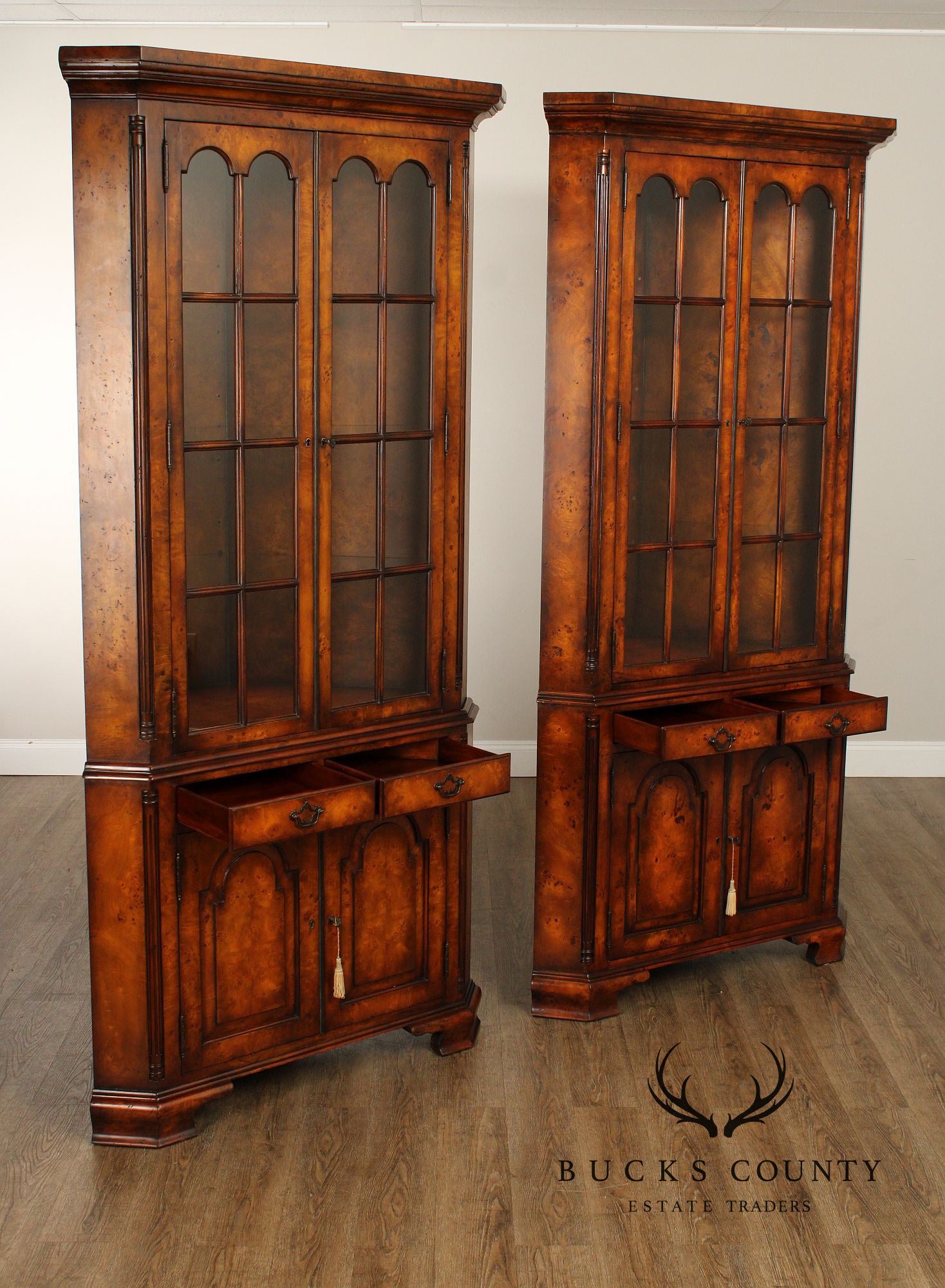 Theodore Alexander Georgian Style Pair of Burlwood Corner Cabinets