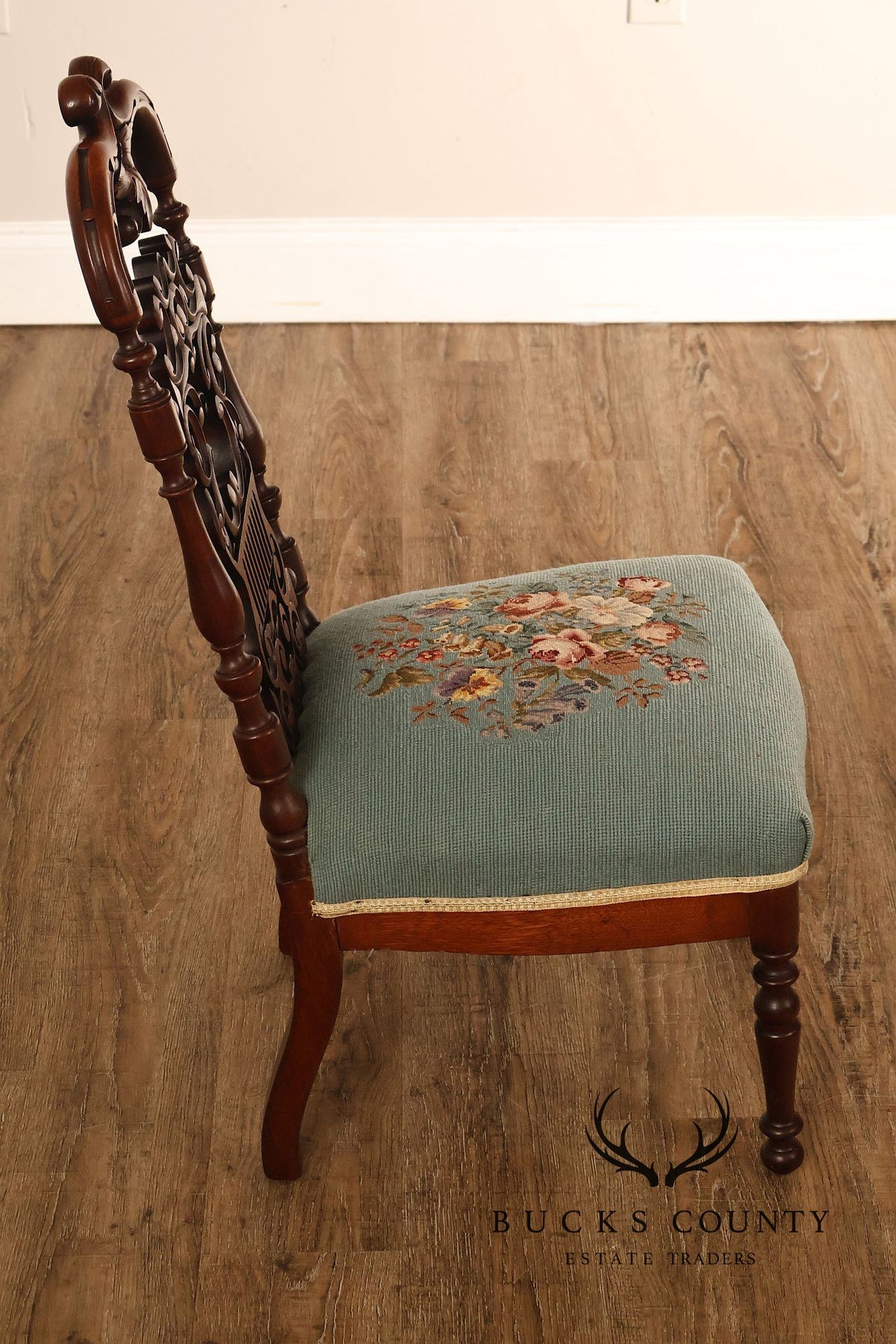 Antique Victorian Carved Mahogany Needlepoint Side Chair