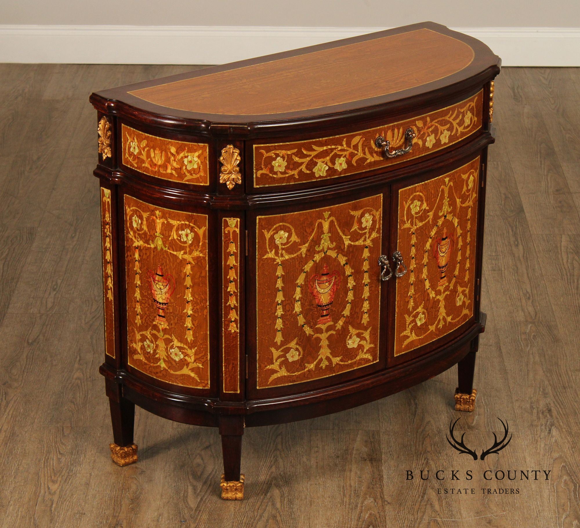 Italian Neoclassical Style Pair of Marquetry Demilune Commodes