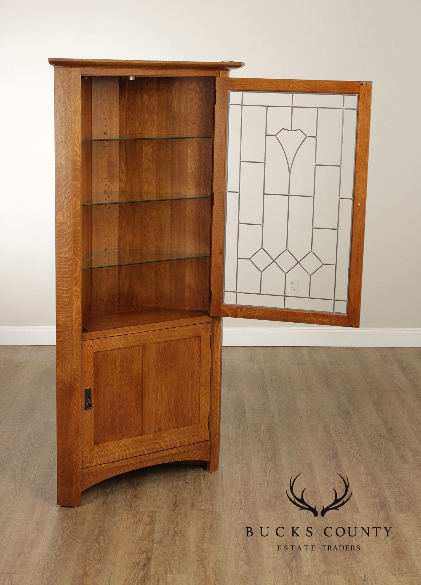 Stickley Mission Collection Oak Corner Cabinet with Art Glass