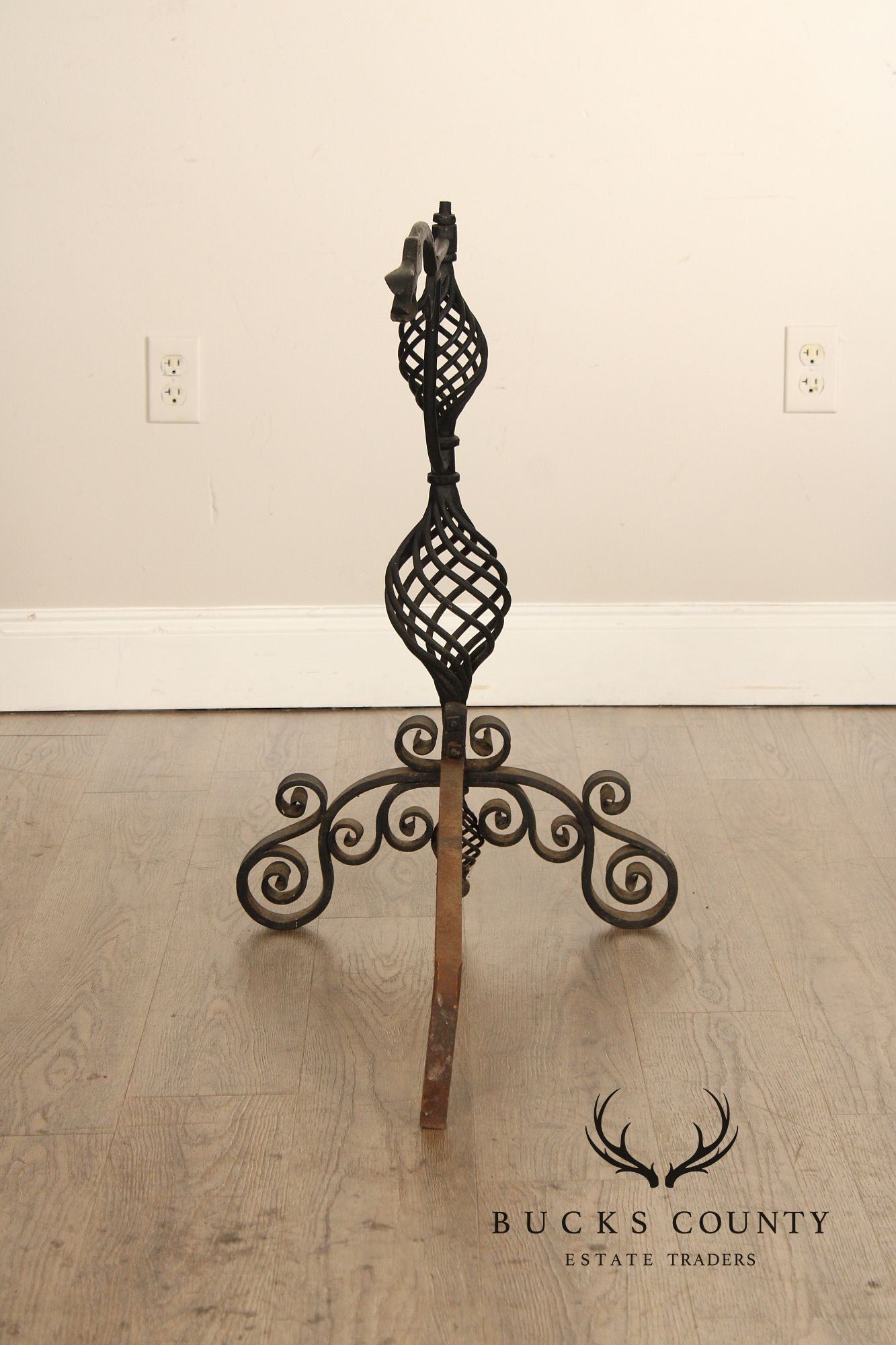 Arts & Crafts Pair of Scrolling Wrought Iron Andirons