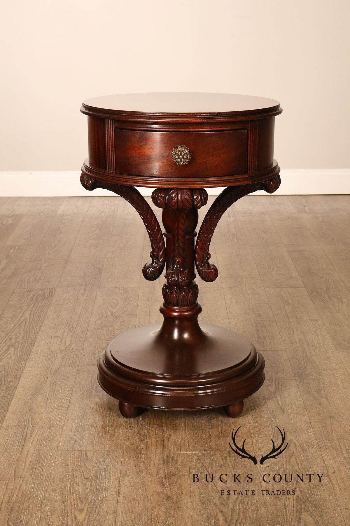 Carved Mahogany Pair Of Round Pedestal End Tables With A Drawer