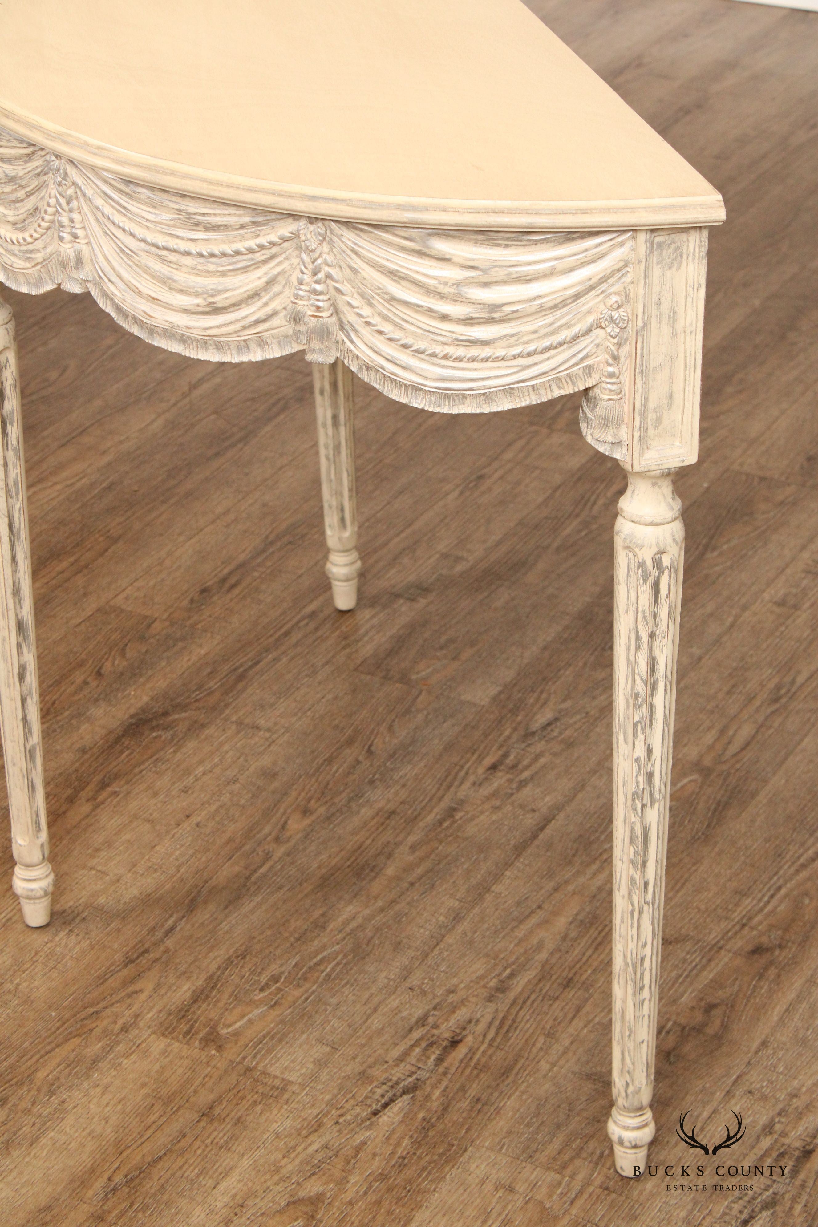 Gustavian Style Pair of Carved and Distress Painted Demilune Console Tables