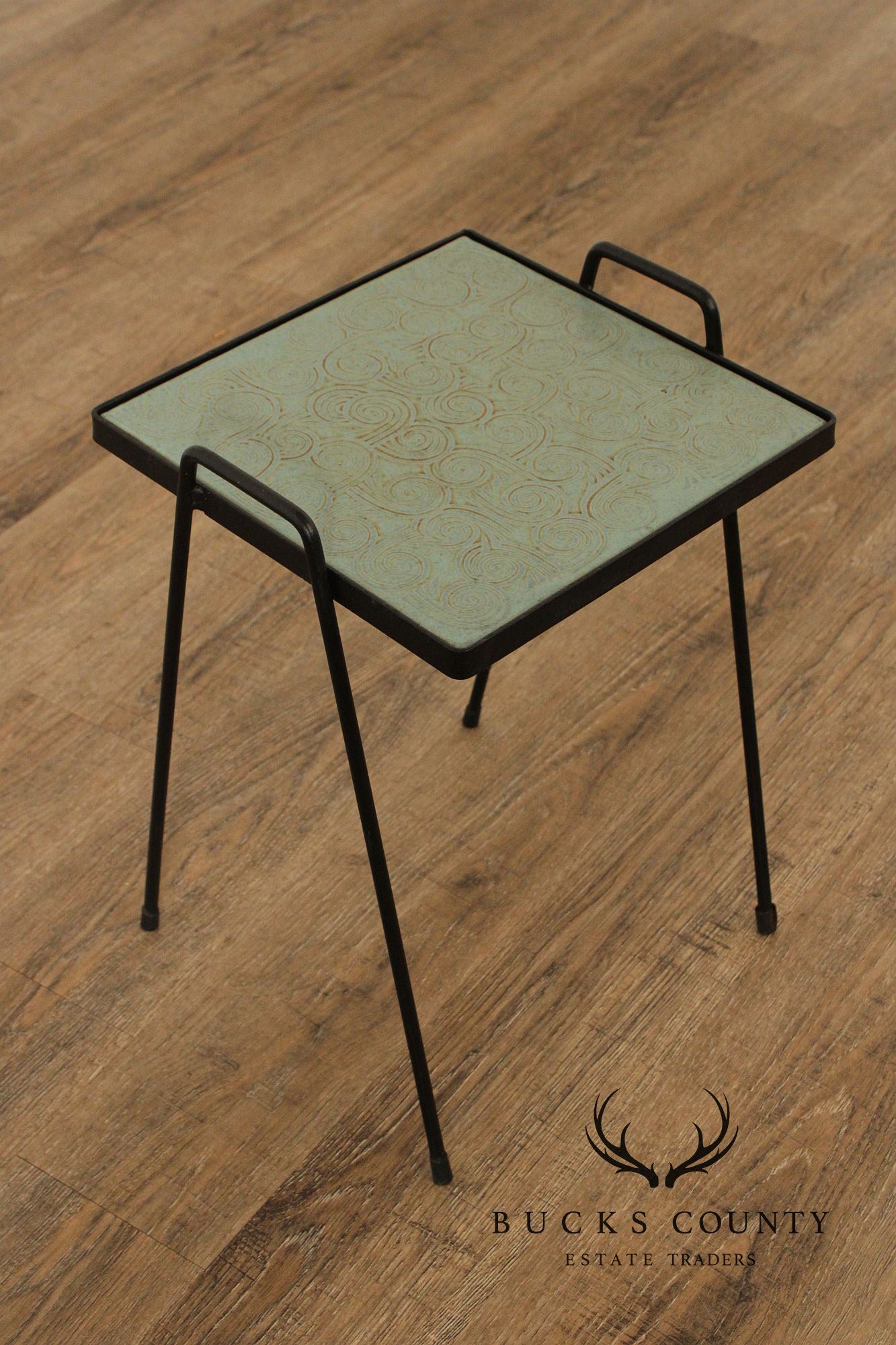 Mid Century Modern Pair of Wrought Iron Tile Top Tray Tables