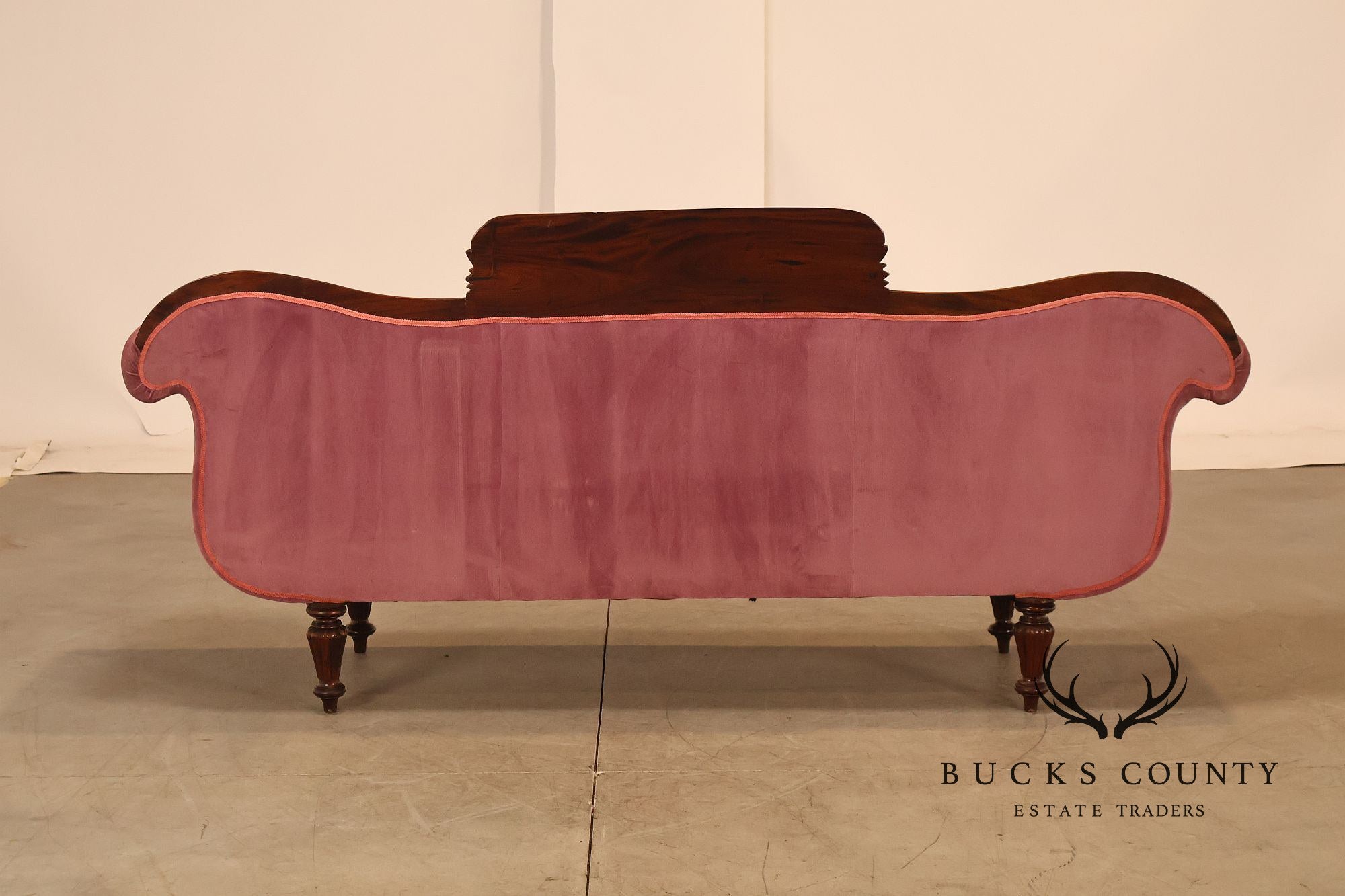 Victorian Style Mahogany Carved Wood Framed Pink Velour Upholstered Sofa