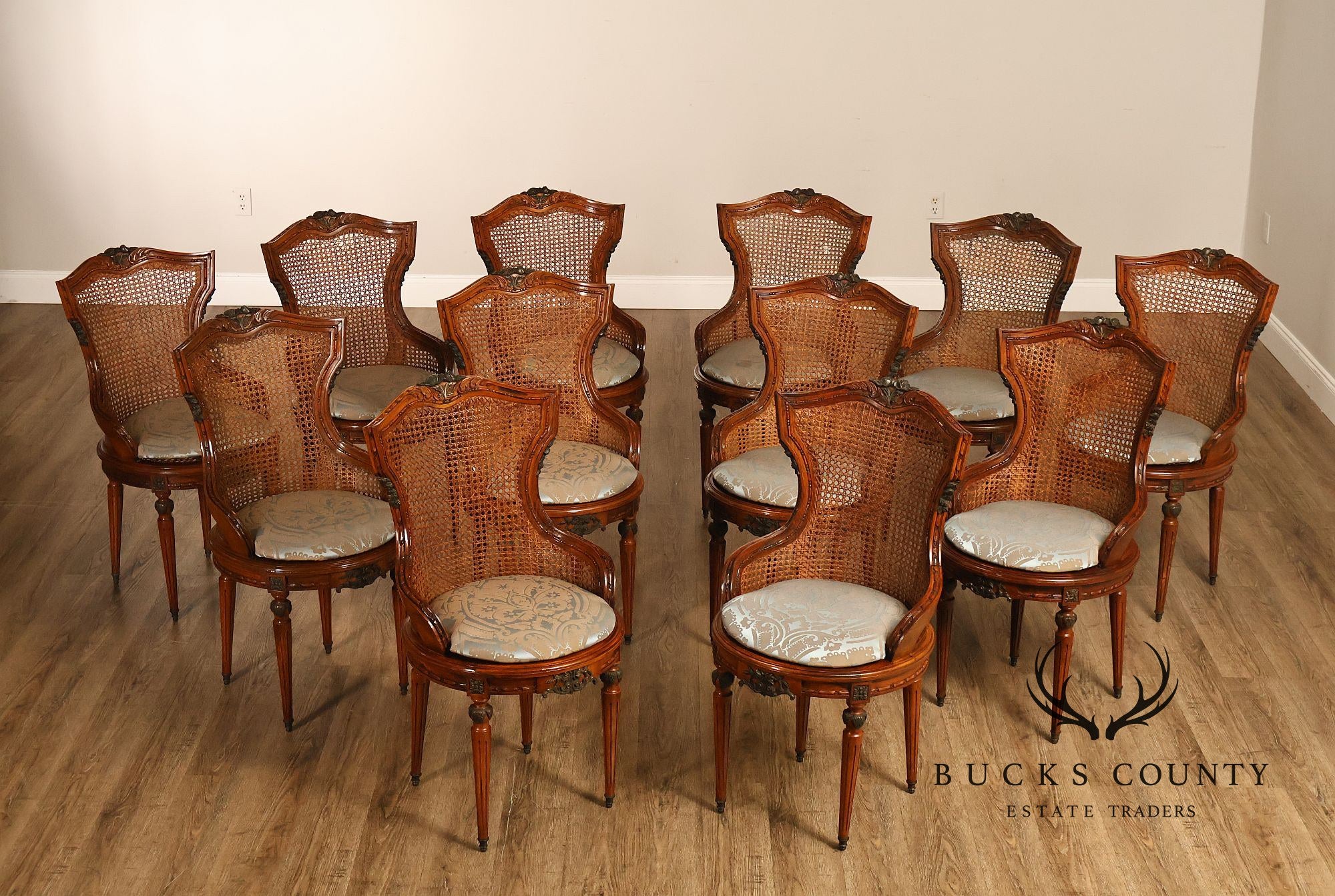 French Louis XVI Style Vintage Set Of 12 Caned Dining Chairs
