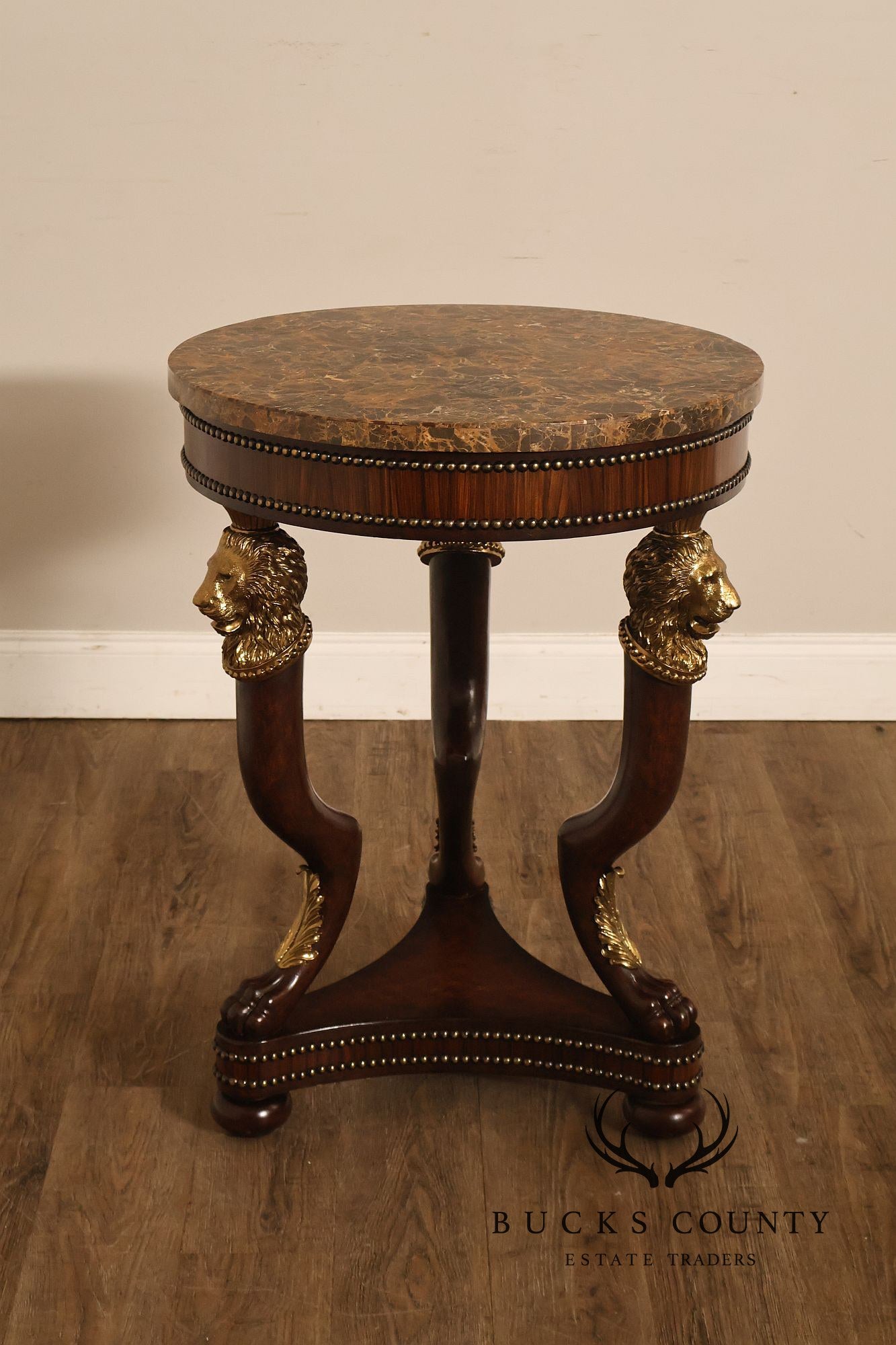 Maitland Smith Empire Style Round Marble Top Mahogany Lamp Table