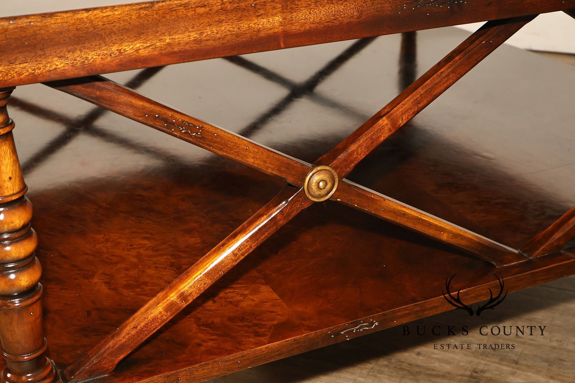 Regency Style Burl Wood Two-Tier Square Coffee Table On Brass Casters