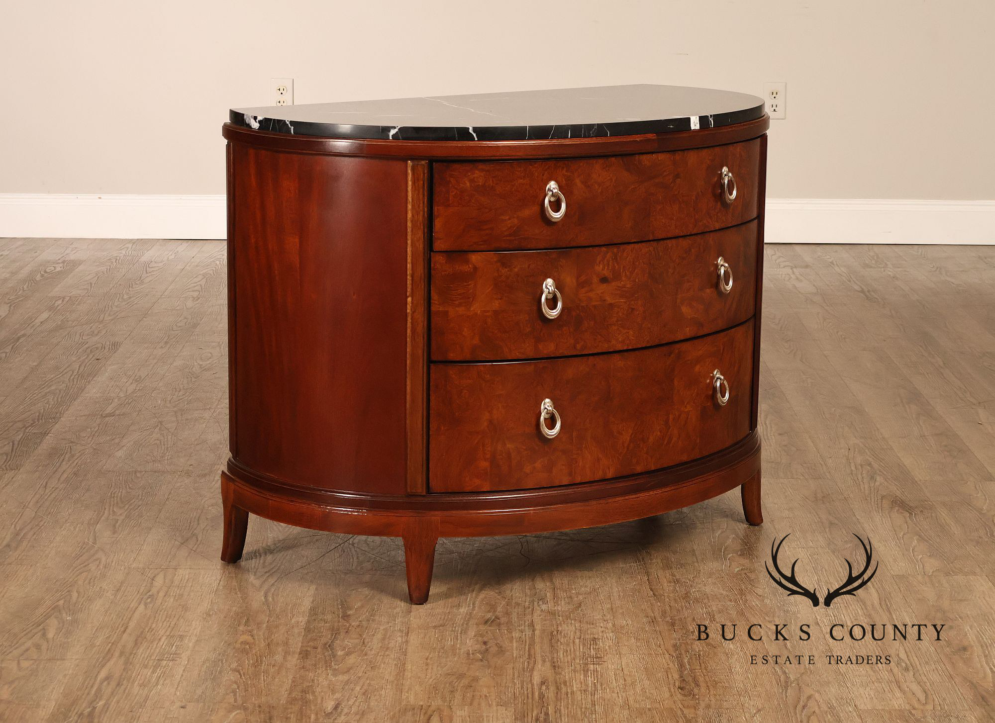 Thomasville Bogart Collection Pair of Marble Top Burlwood Commodes