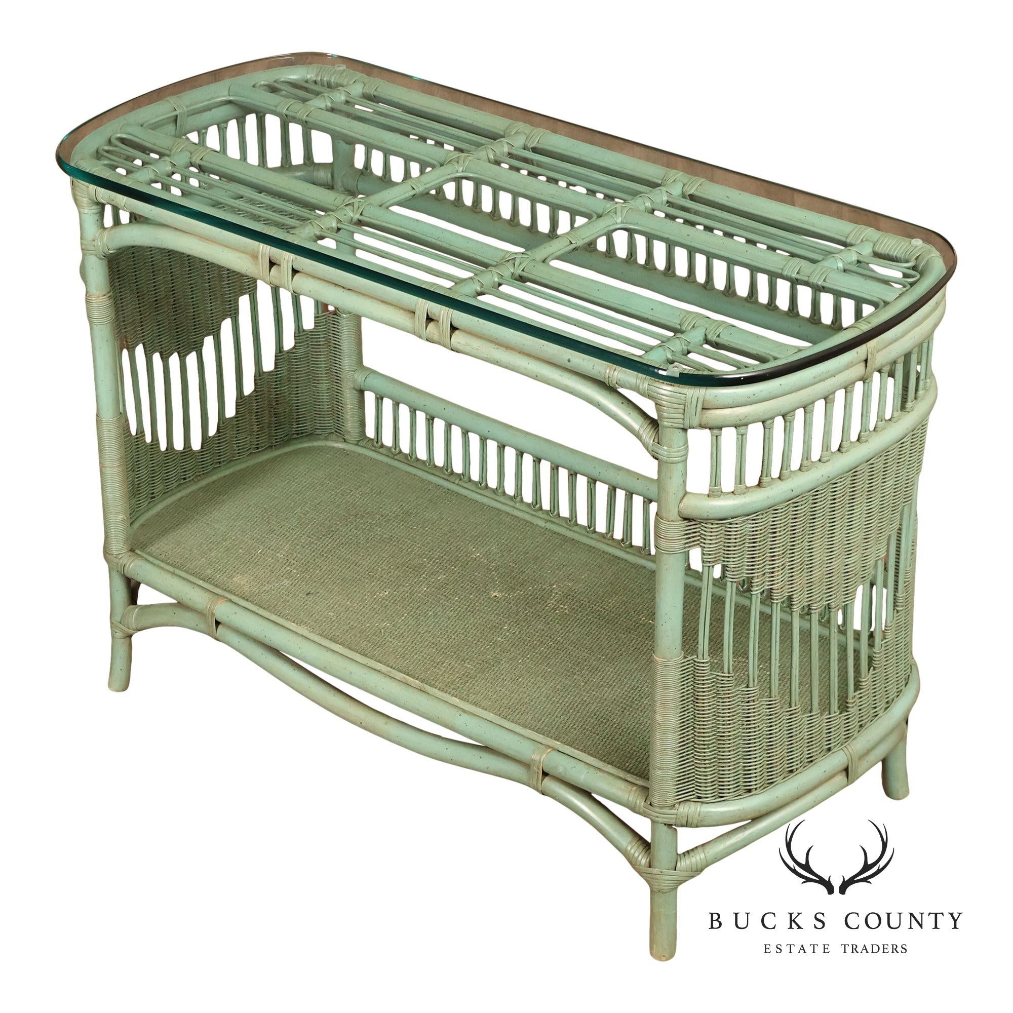 Boho Chic Glass Top Painted Rattan Glass Top Console Table