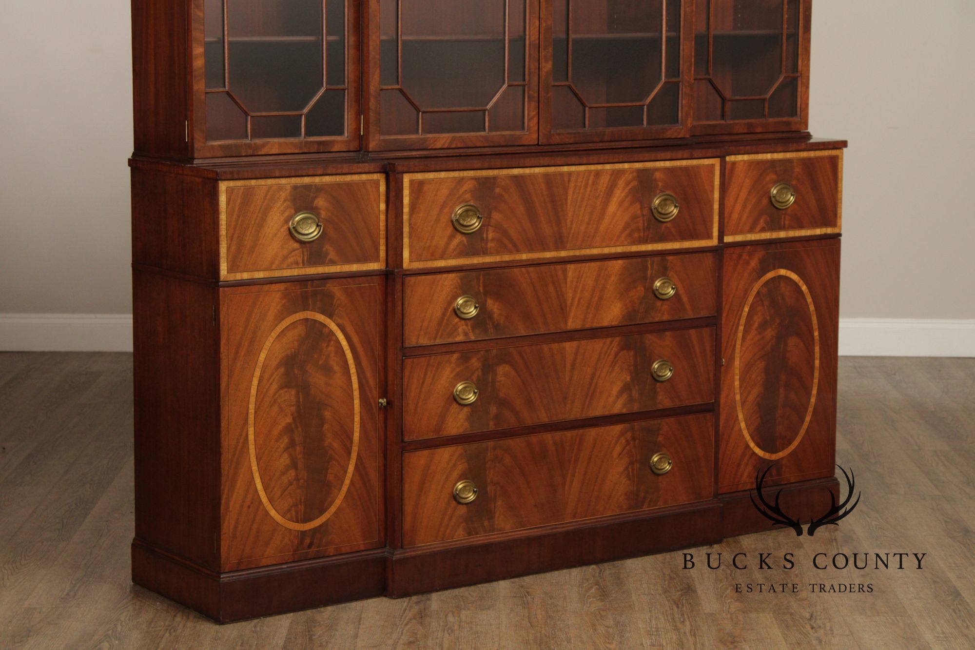1940's Georgian Style Mahogany Breakfront Secretary Bookcase With Inlaid Detailing