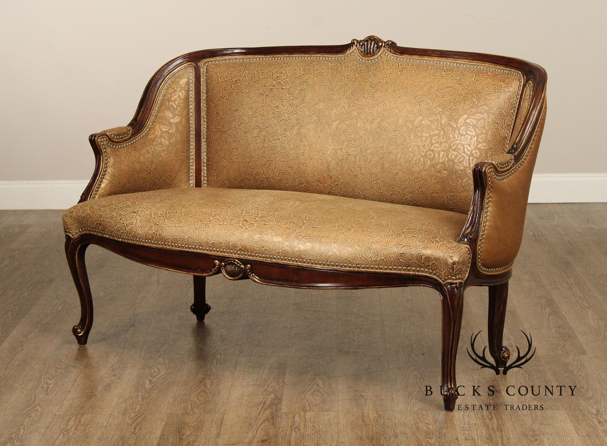 French Louis XV Style Mahogany And Embossed Leather Settee