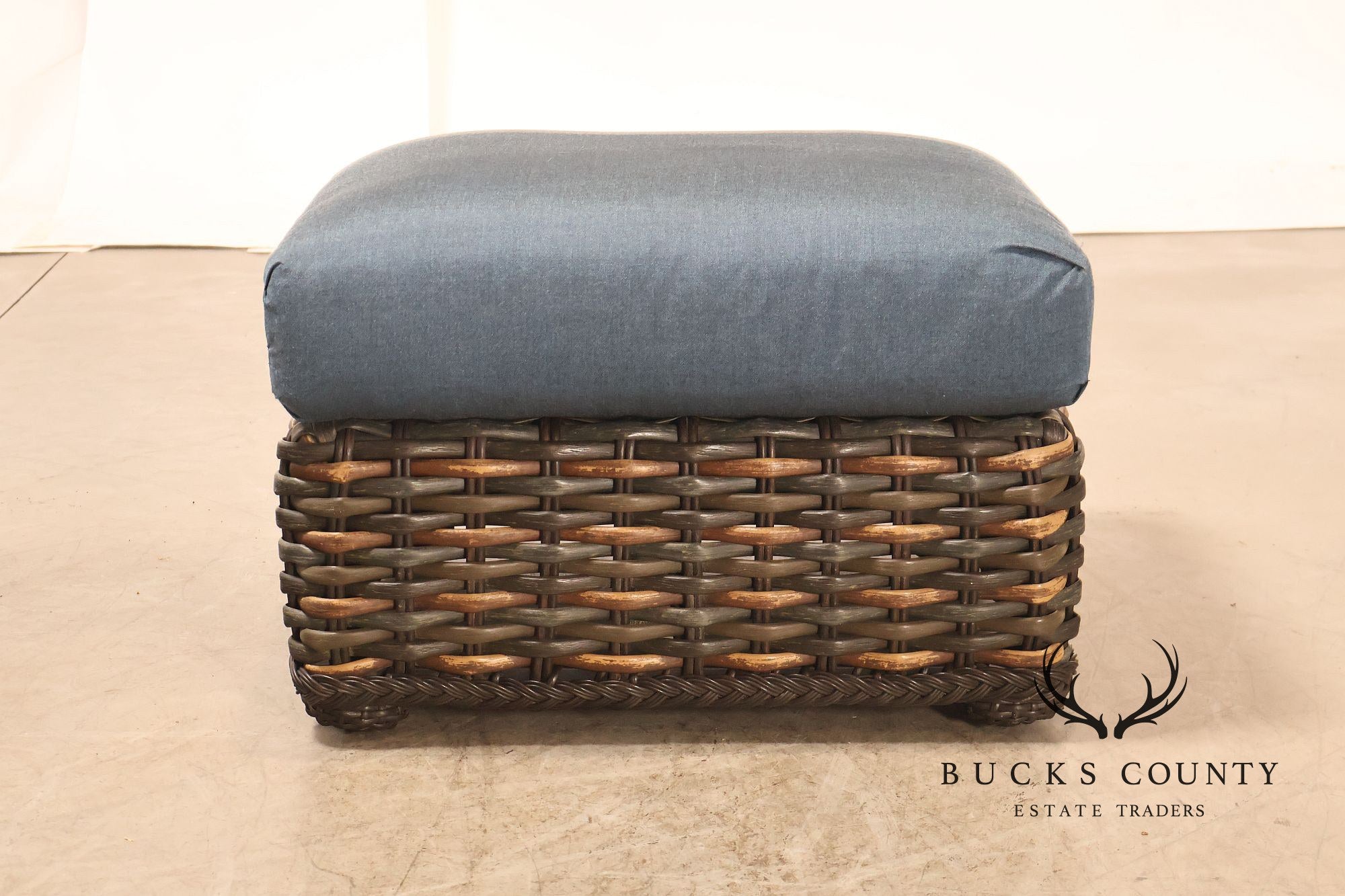 Lane Venture Weather Master Pair Of Woven Wicker Outdoor Ottomans With Blue Cushions