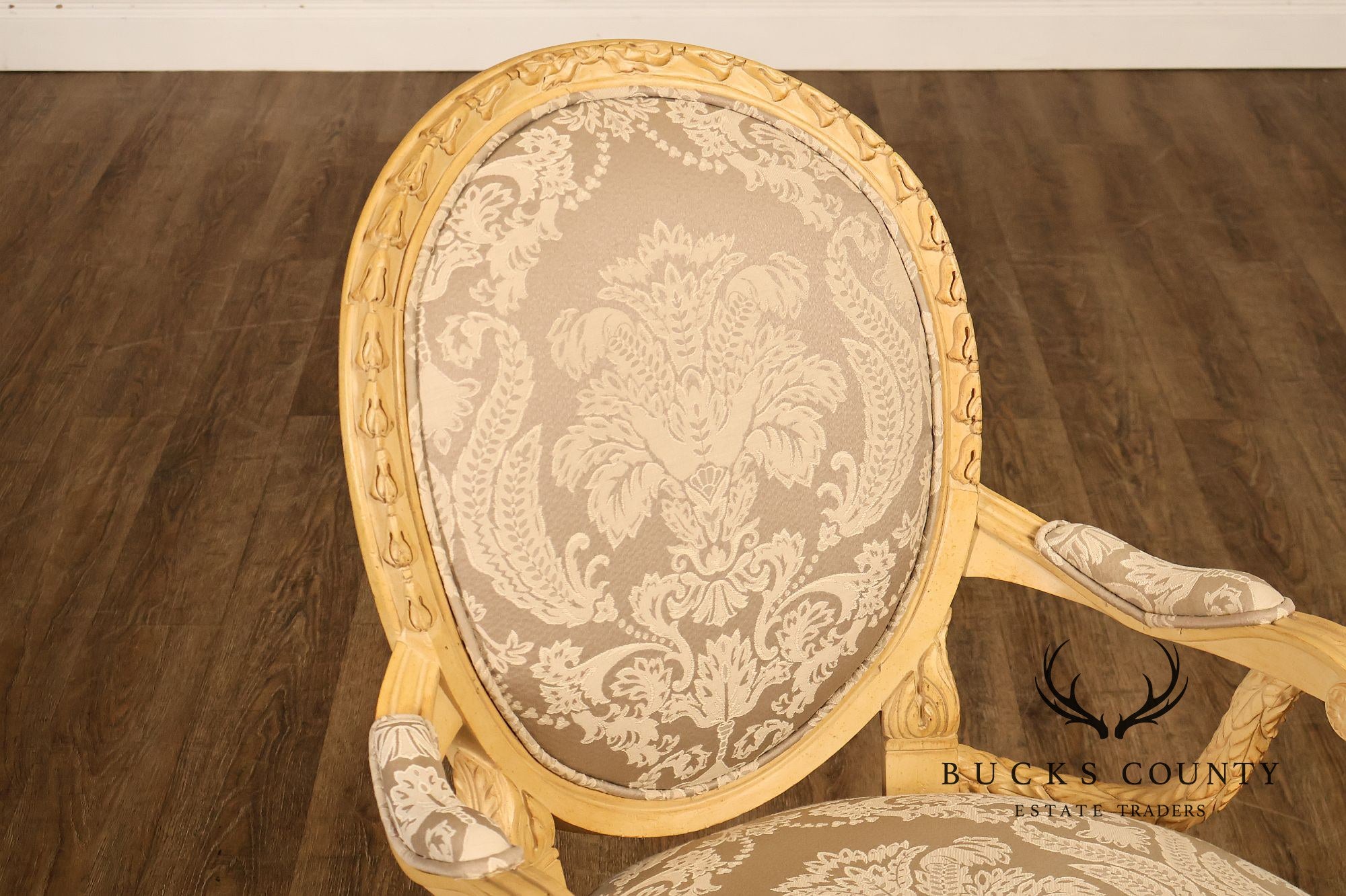 Louis XVI Style Pair Of Painted Oval Back Armchairs With Upholstered Seats