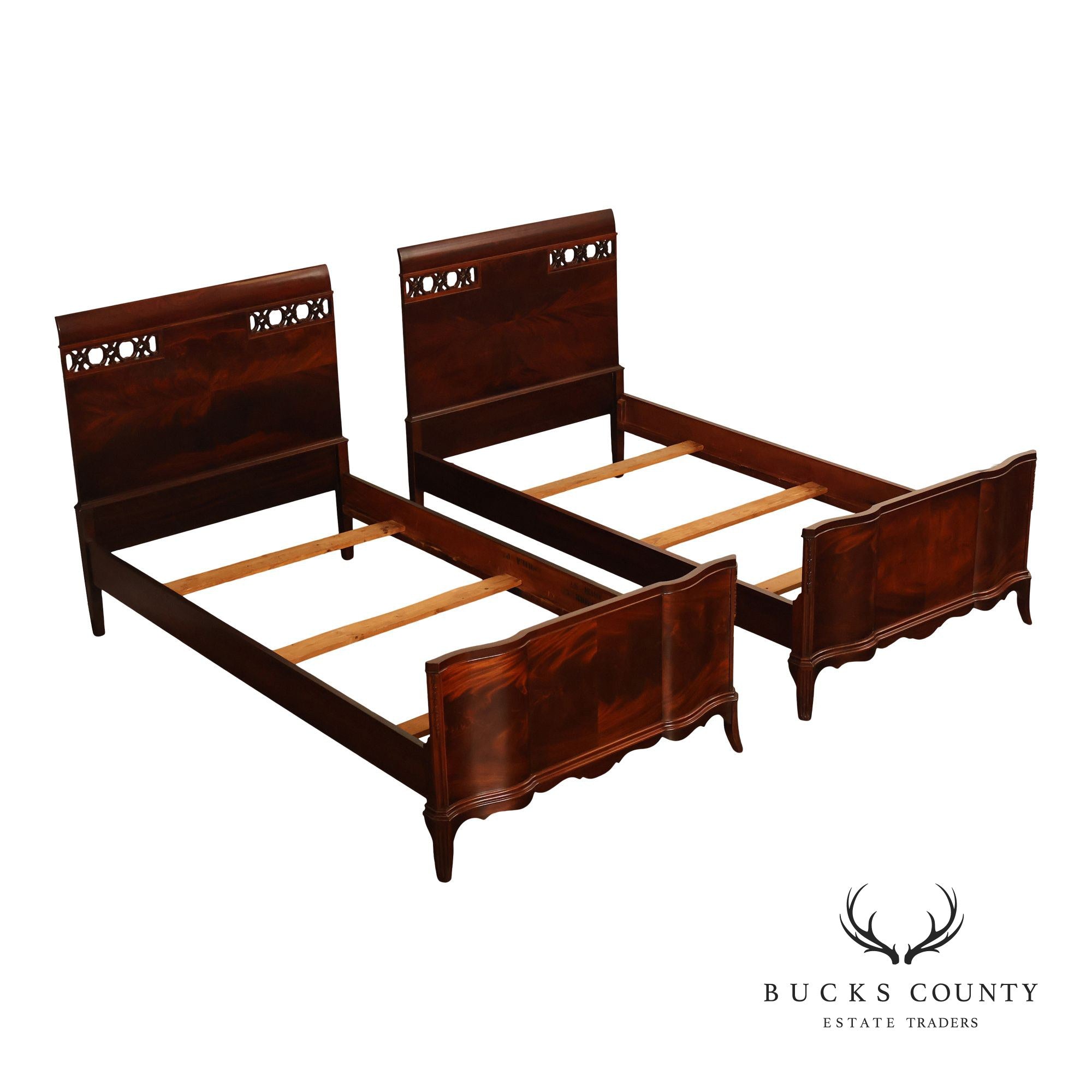 Pair of Vintage Flame Mahogany Twin Beds with Pierced Headboards, Circa 1940s