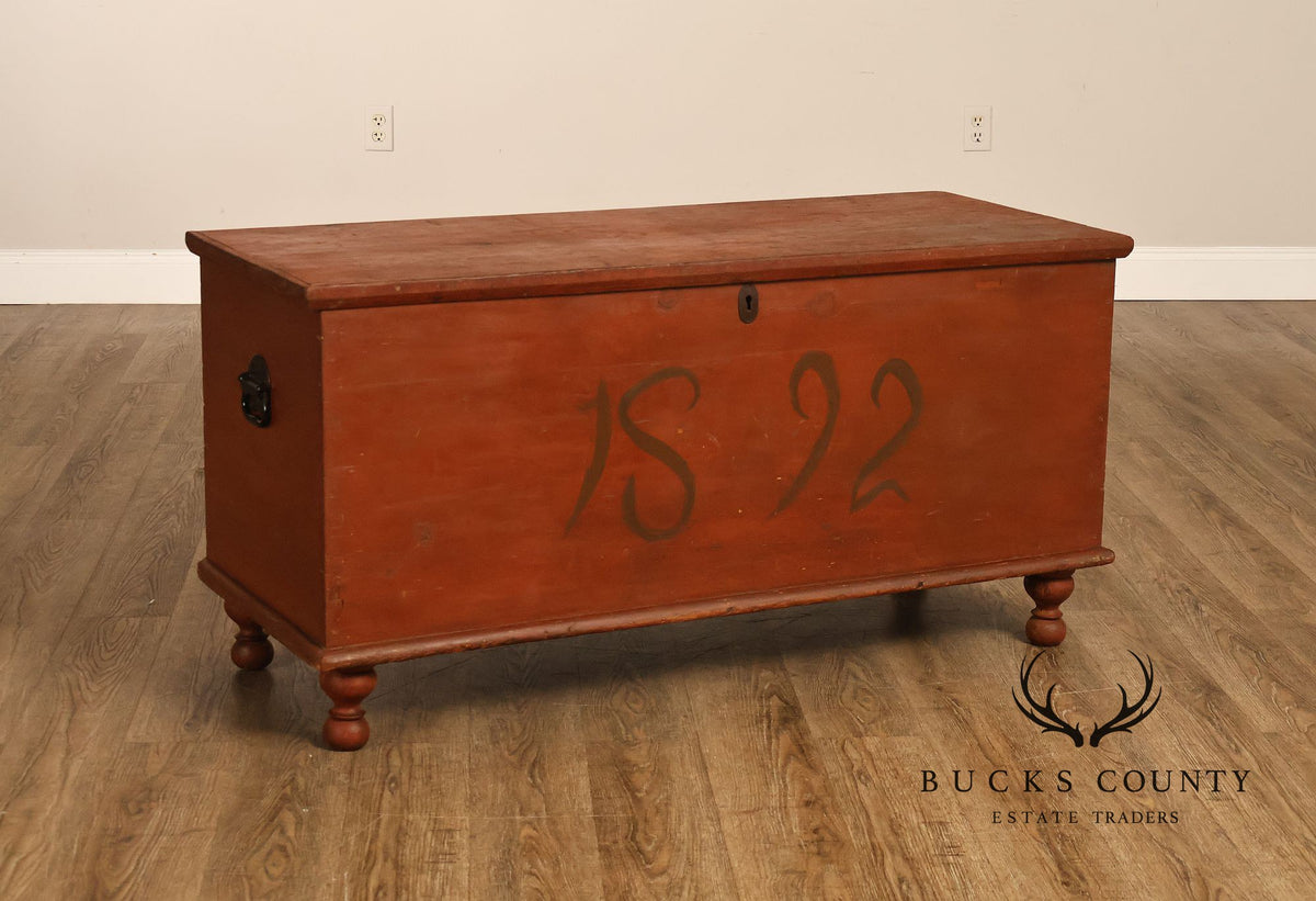 Antique Primitive Pine Painted Blanket Chest On Turned Feet