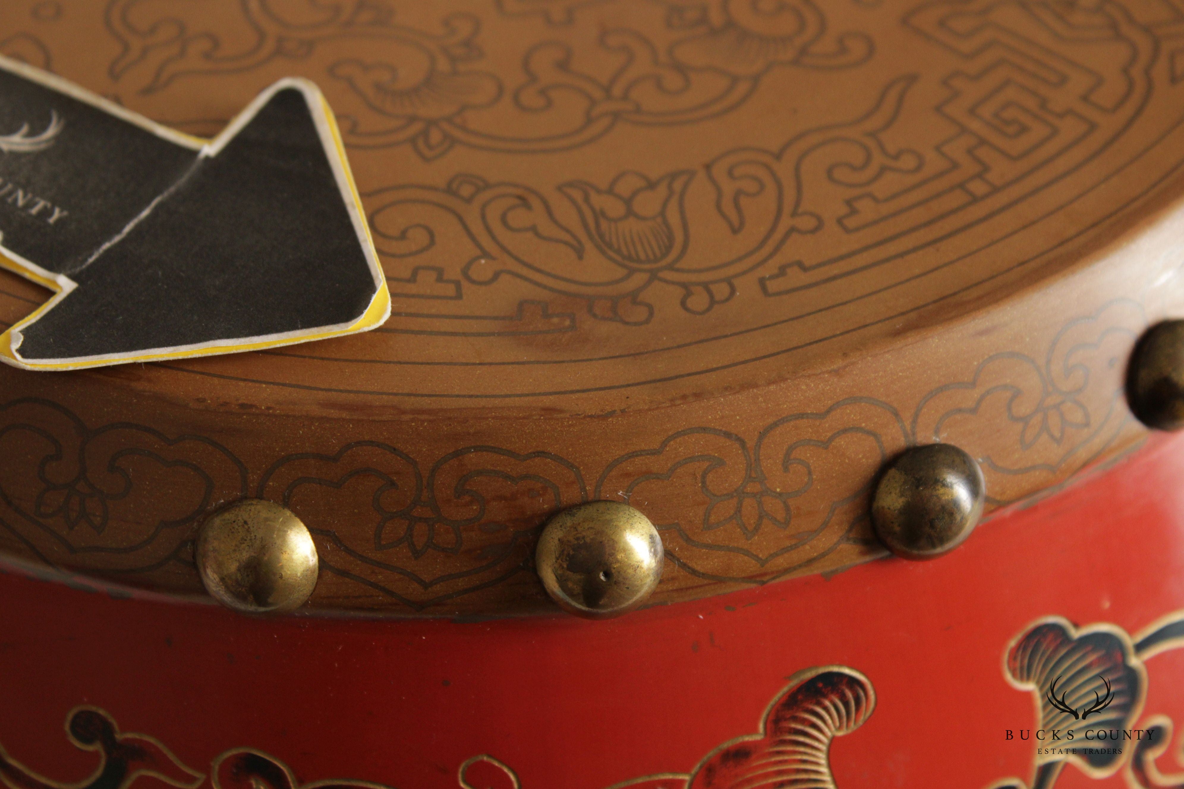 Asian Inspired Pair Hand Painted Wooden Drum Stools