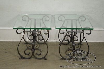 Hollywood Regency Pair Mid-Century Scrolled Iron Lyre Base Glass Top SideTable