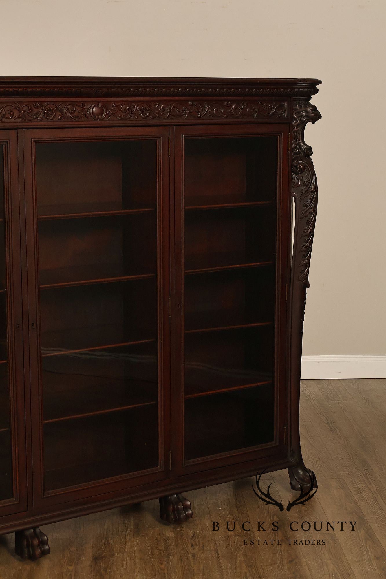 Antique R.J. Horner Lion Carved Mahogany Three-Door Bookcase