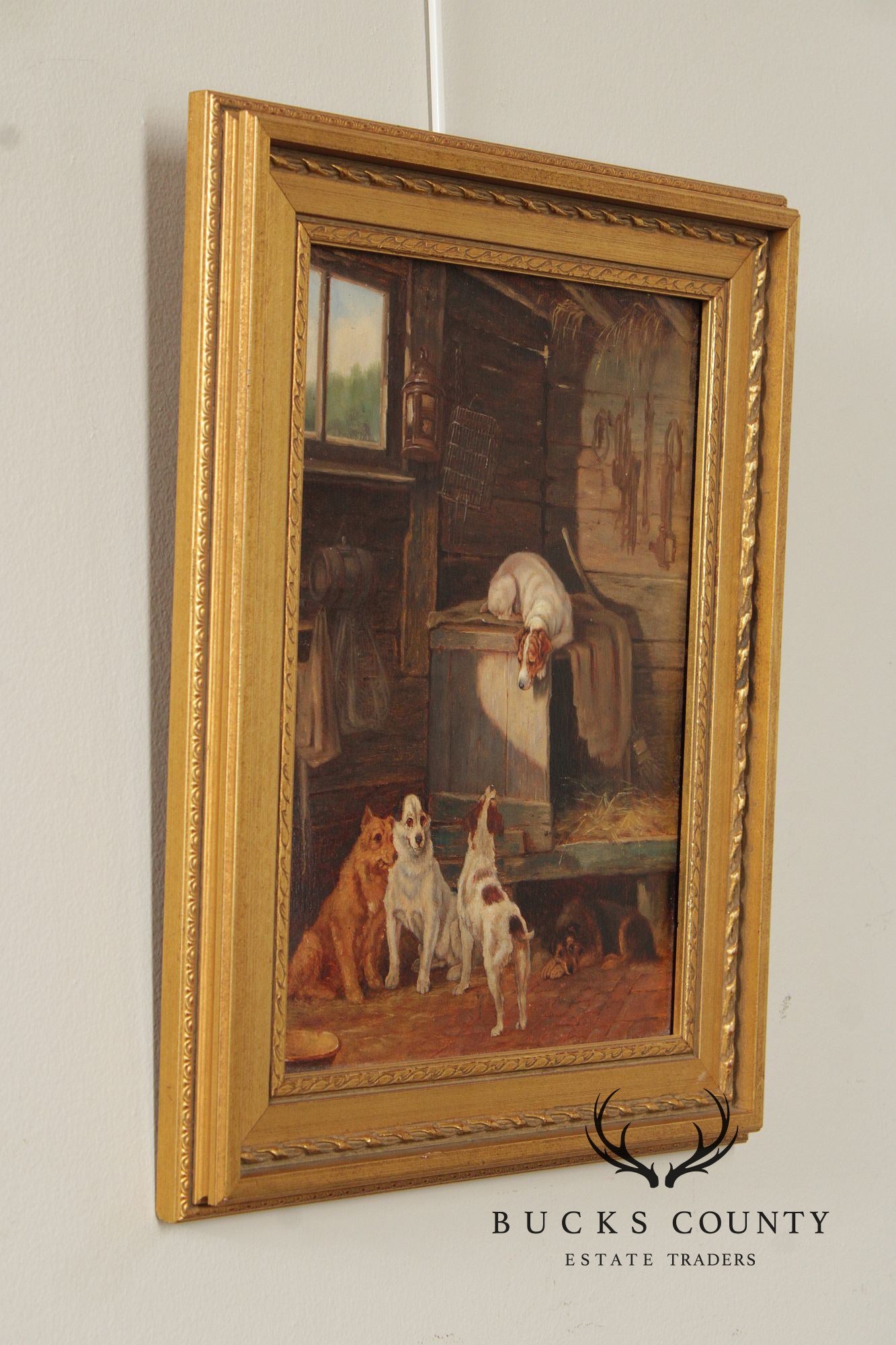 English School Painting on Board, Farm Dogs