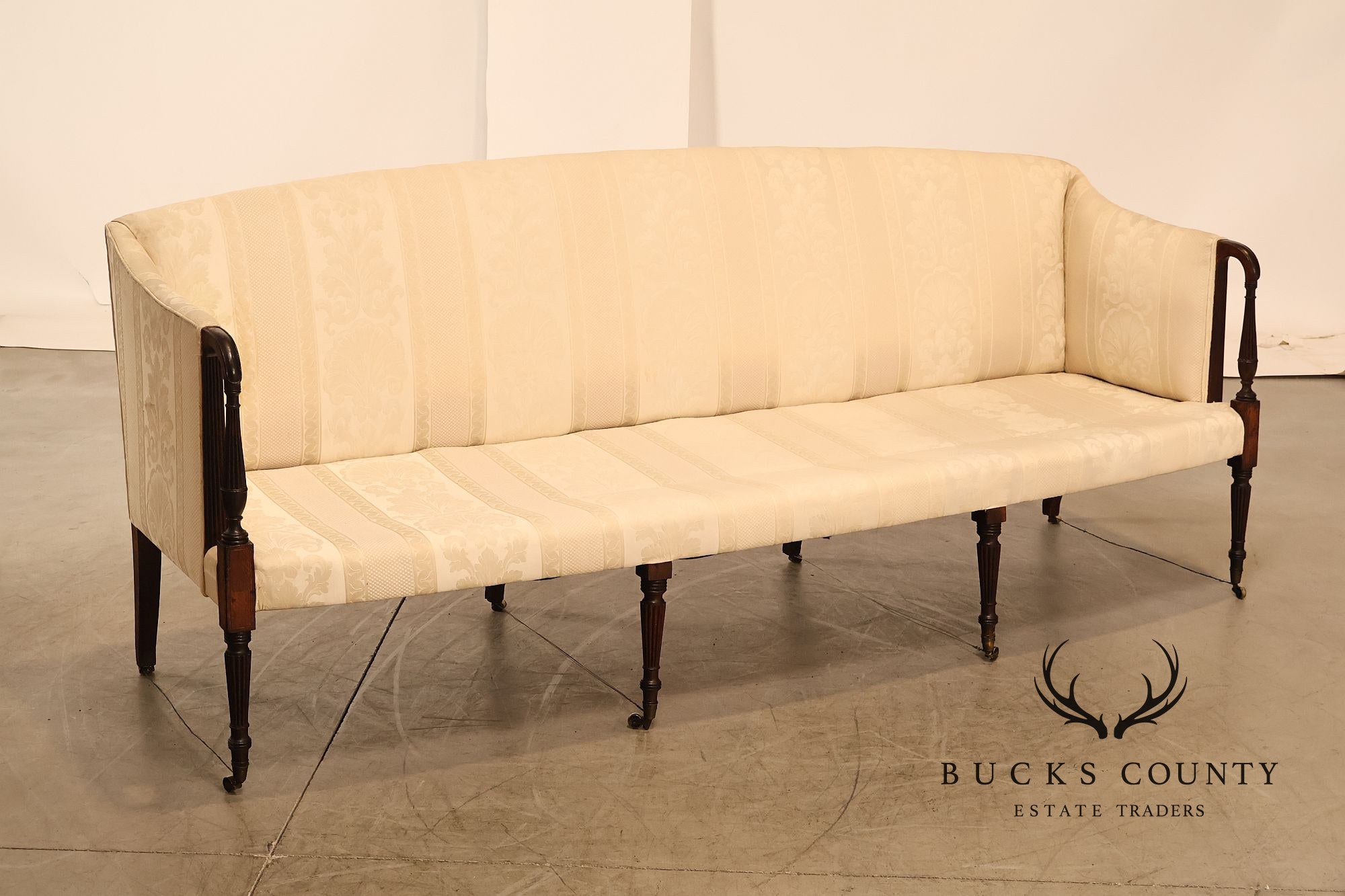 Antique Sheraton Style Mahogany Camelback Upholstered Sofa