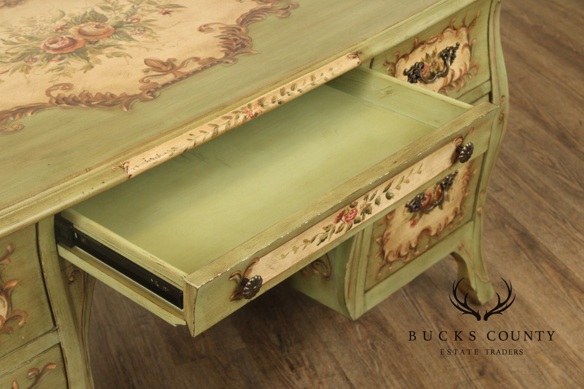 Lane French Louis XV Style Bombe Paint Decorated Executive Desk