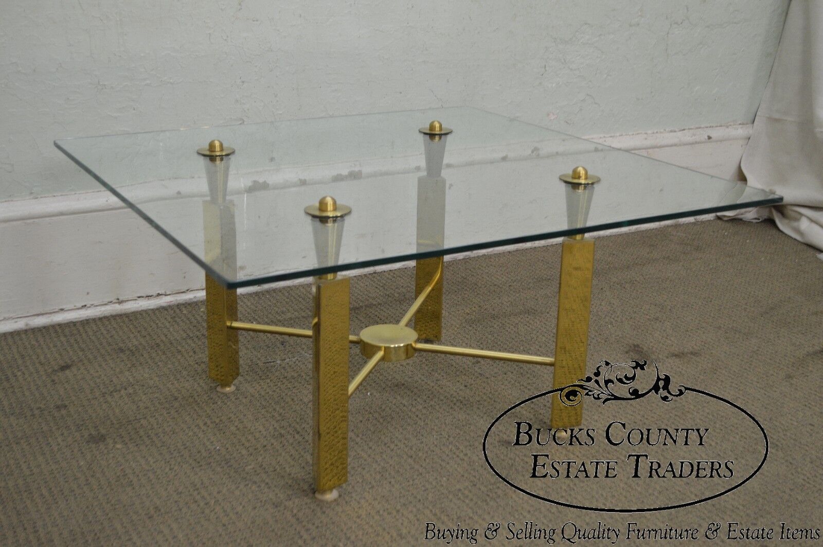 Mid Century Modern Brass Base Square Glass Top Coffee Table