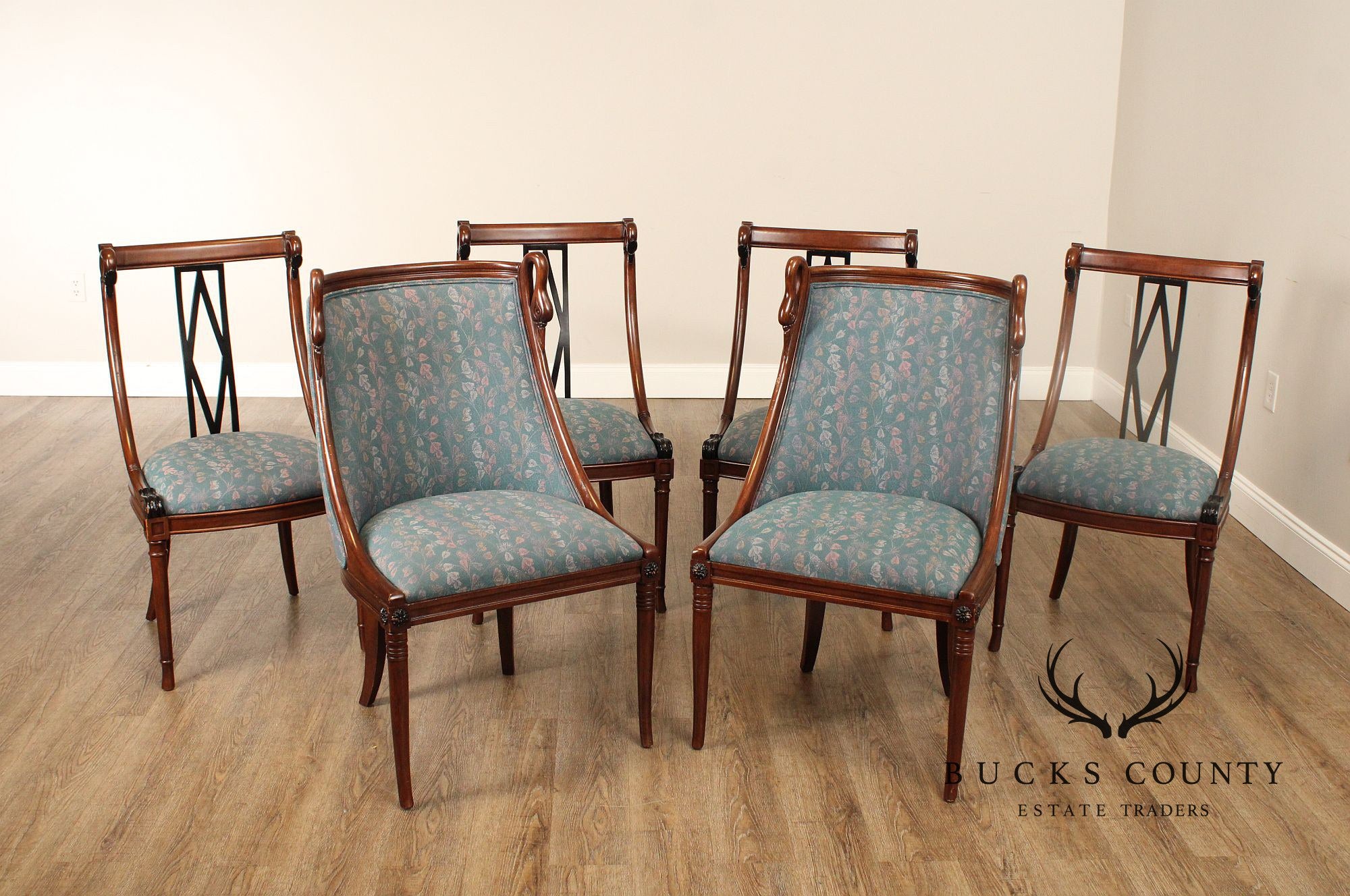 French Empire Style Set of Six Swan Carved Dining Chairs