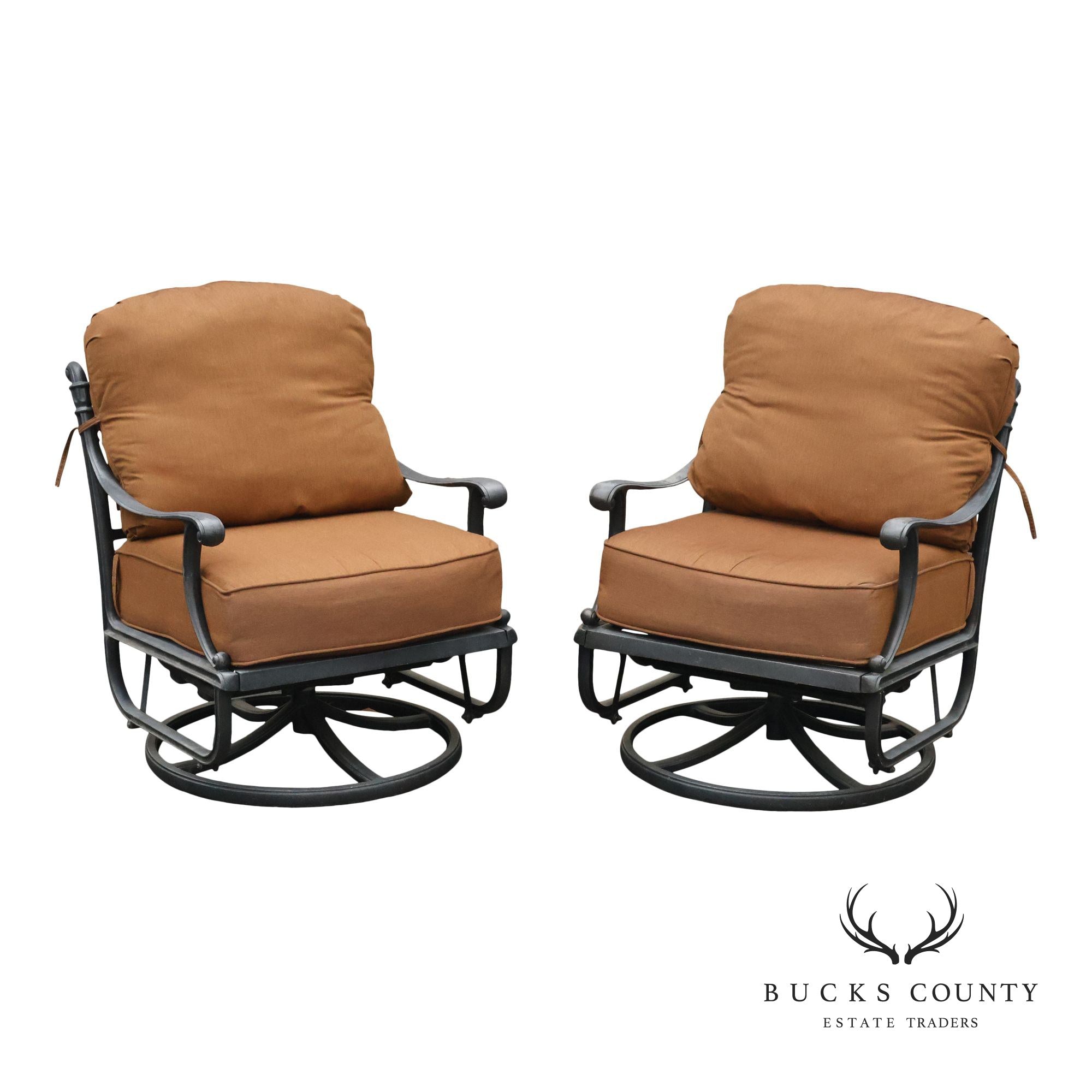 Cast Aluminum Pair Of Outdoor Swivel Lounge Chairs With Cushions