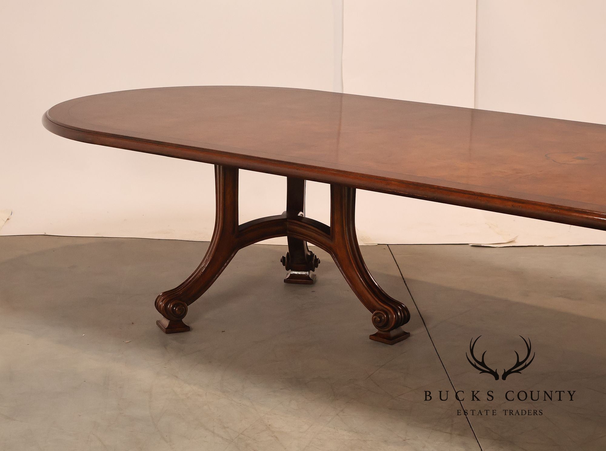 Dessin Fournir Banded Burlwood Large Double Pedestal Banquet Dining Table