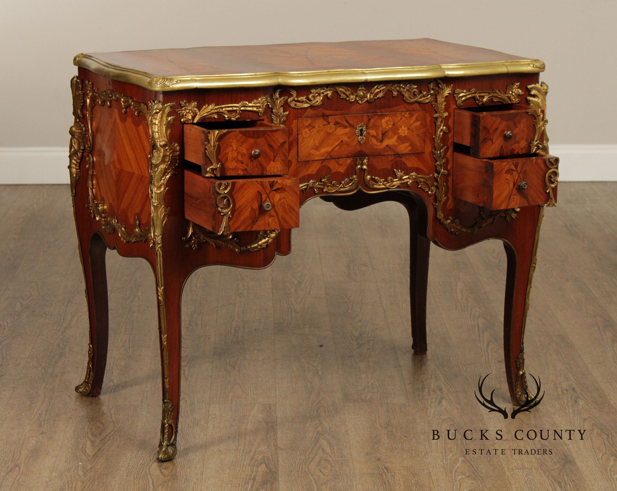 French Louis XV Style Marquetry Inlaid Bronze Mounted Knee Hole Desk