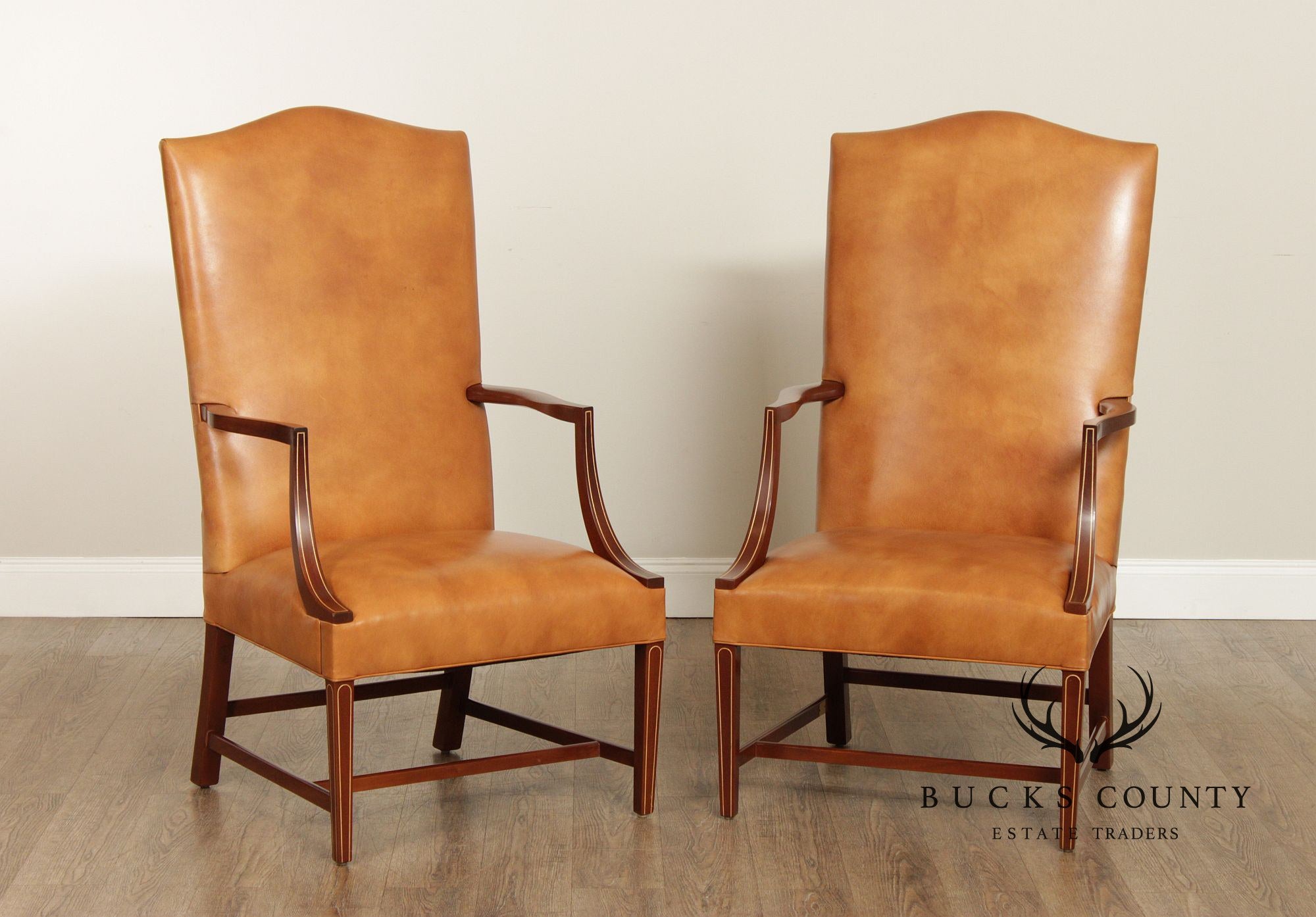 Stickley Federal Style Pair Inlaid Mahogany Leather Armchairs