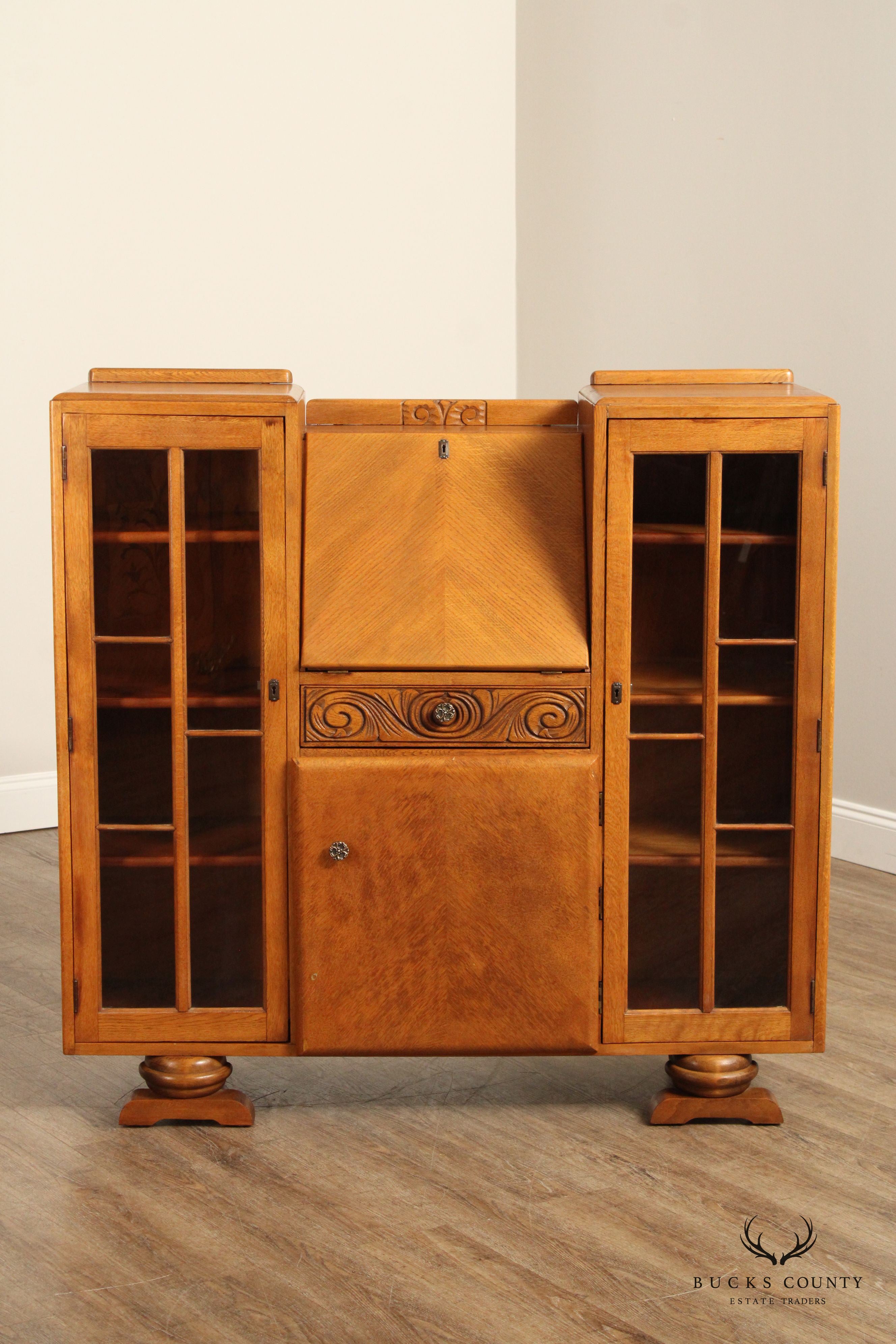 English Art Deco Carved Oak Secretary Bookcase