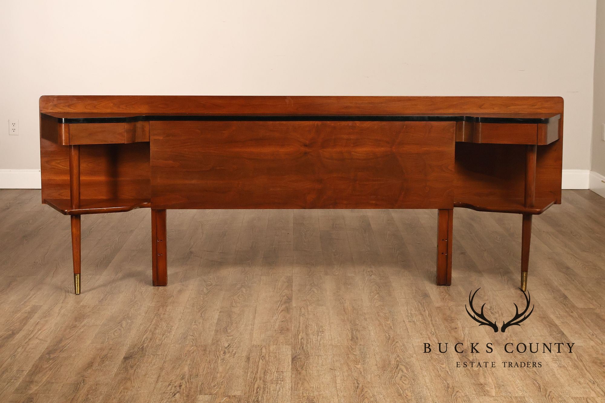 American Of Martinsville Mid-Century Modern Walnut Headboard With Black Laminate Top And Brass Feet- Full Size