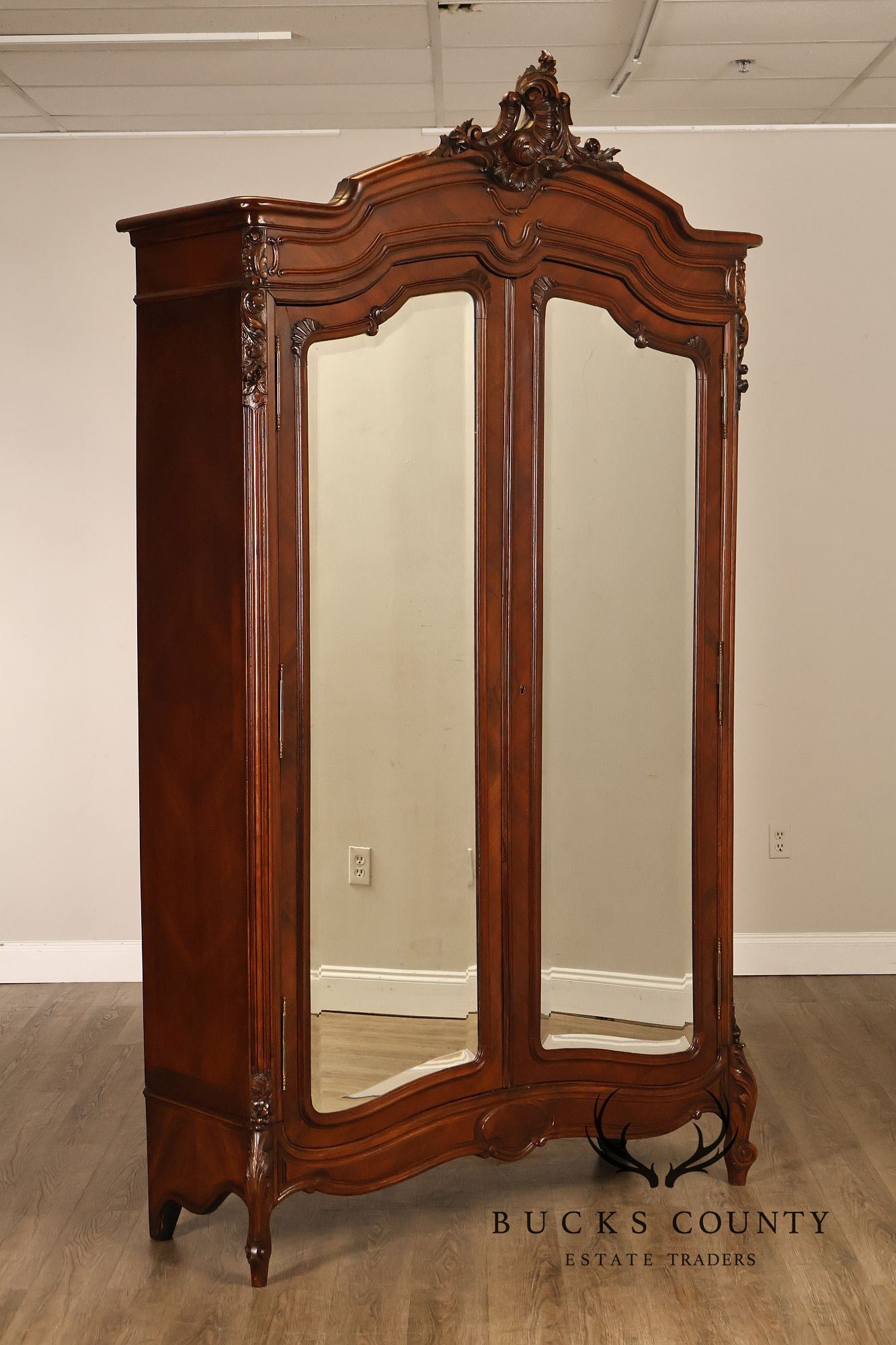 French Louis XV Style Antique Carved Mahogany Mirrored Armoire