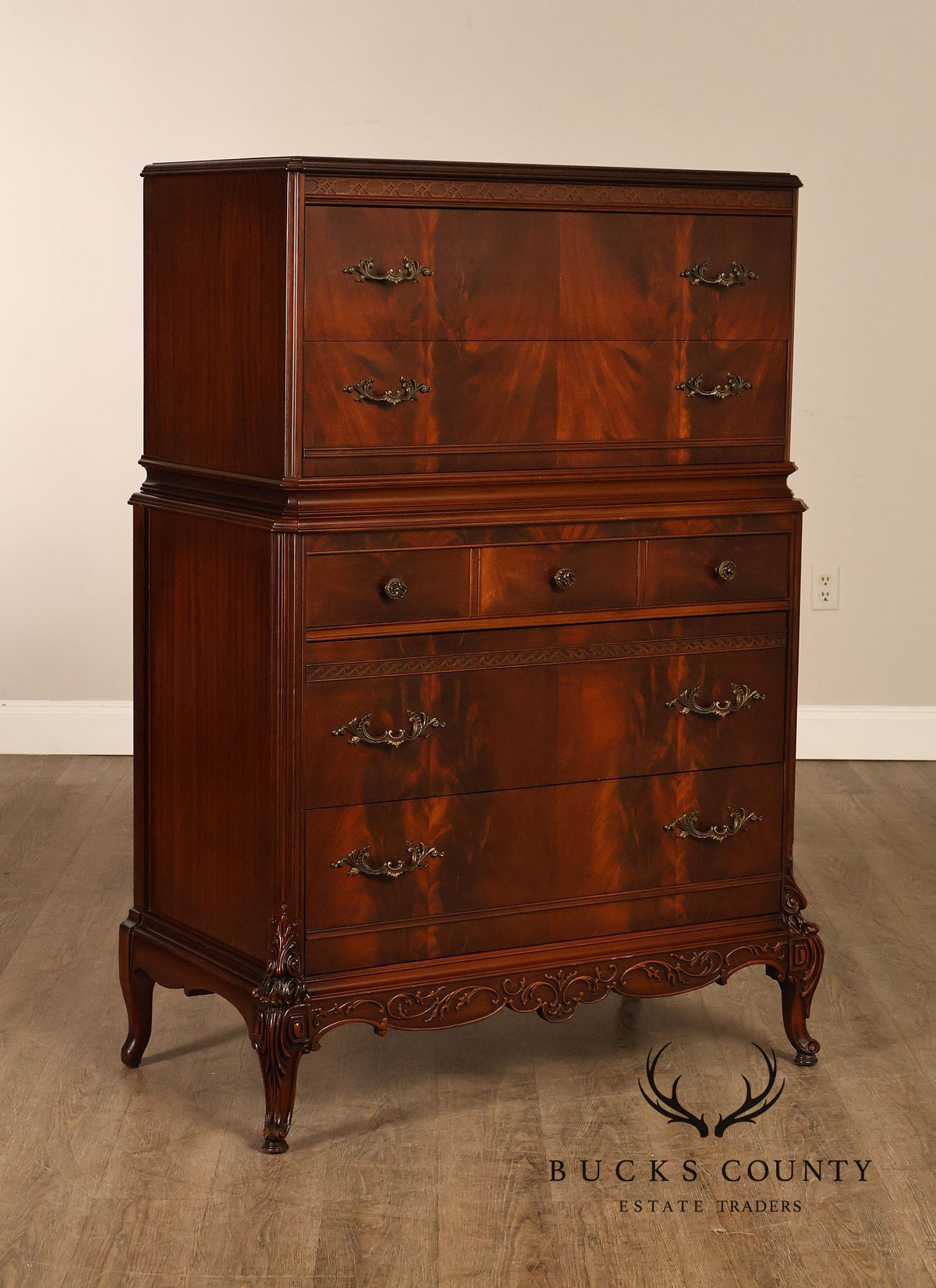 1940’s Flame Mahogany Carved Tall Chest