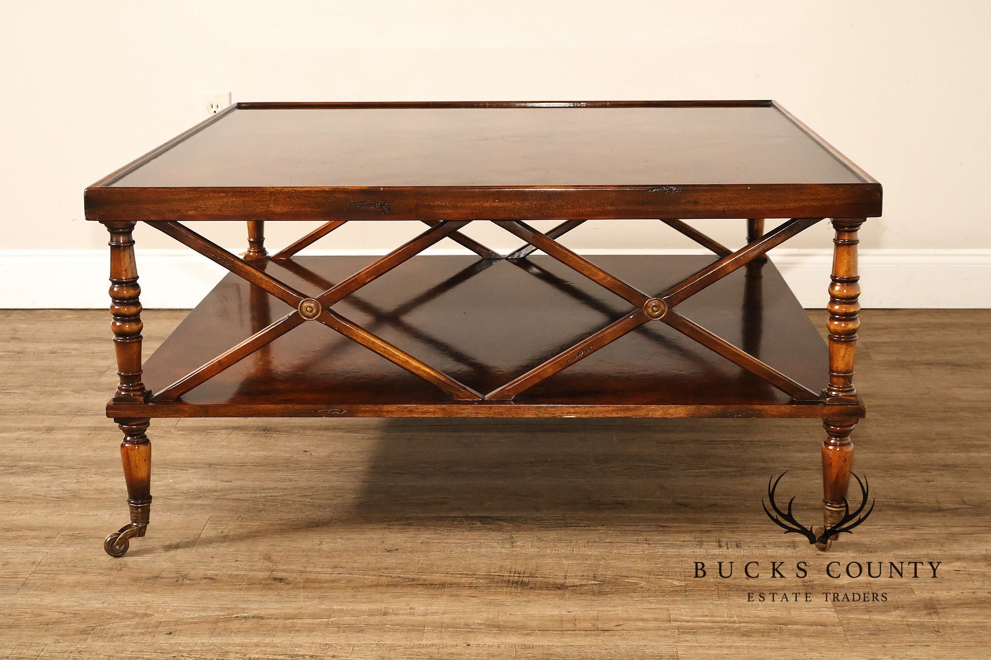 Regency Style Burl Wood Two-Tier Square Coffee Table On Brass Casters