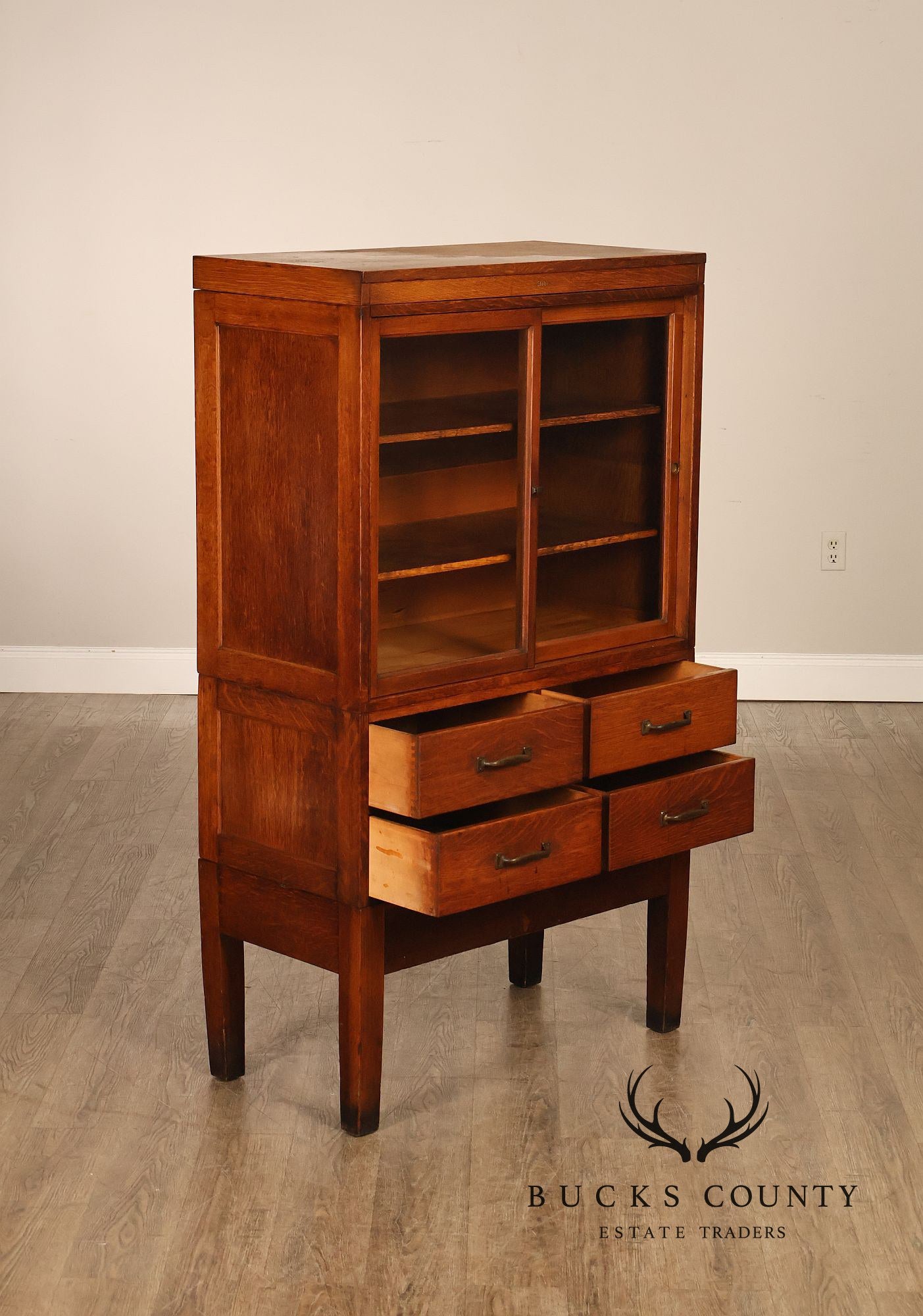 Globe Oak Sectional Bookcase Cabinet With Sliding Glass Doors And Drawers